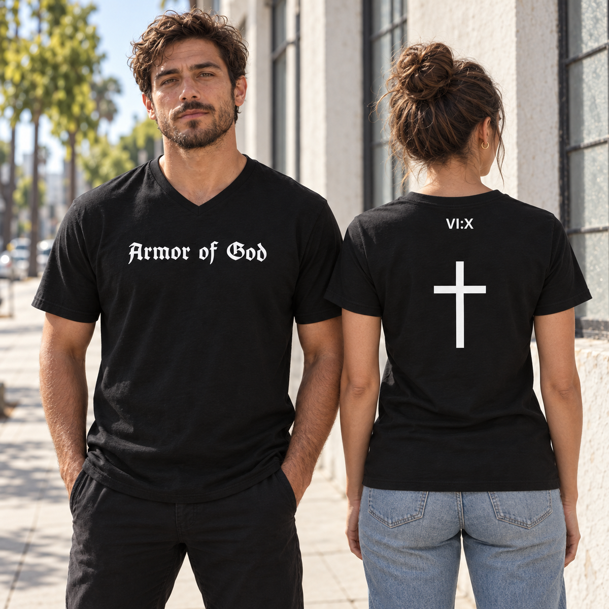 Two models showing the front wordmark and back cross of the Armor of God V-Neck T-Shirt in black