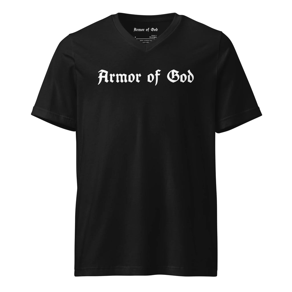 Armor of God V-Neck T-Shirt in black with white front wordmark