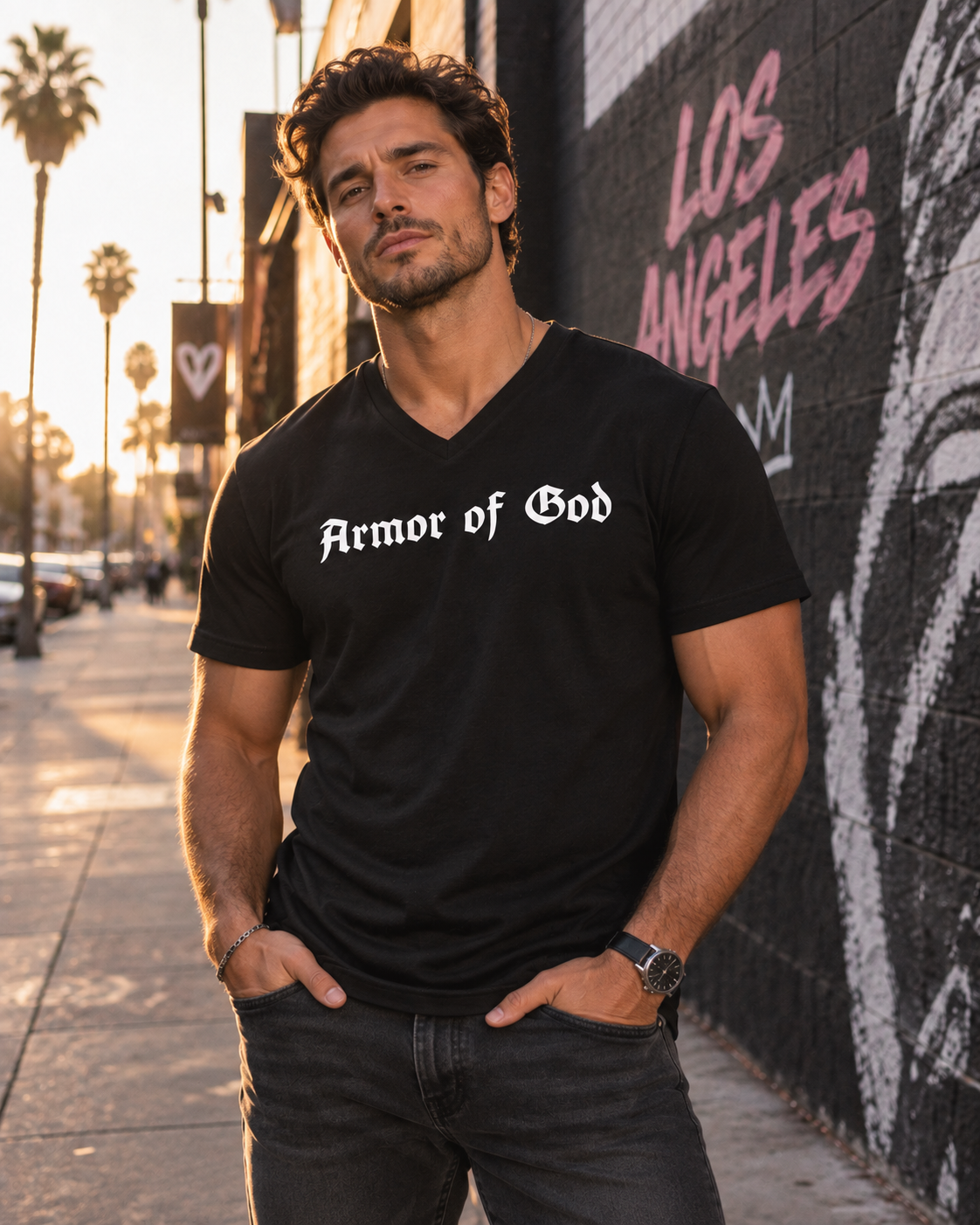 Male model wearing the Armor of God V-Neck T-Shirt in black with white front wordmark in Los Angeles