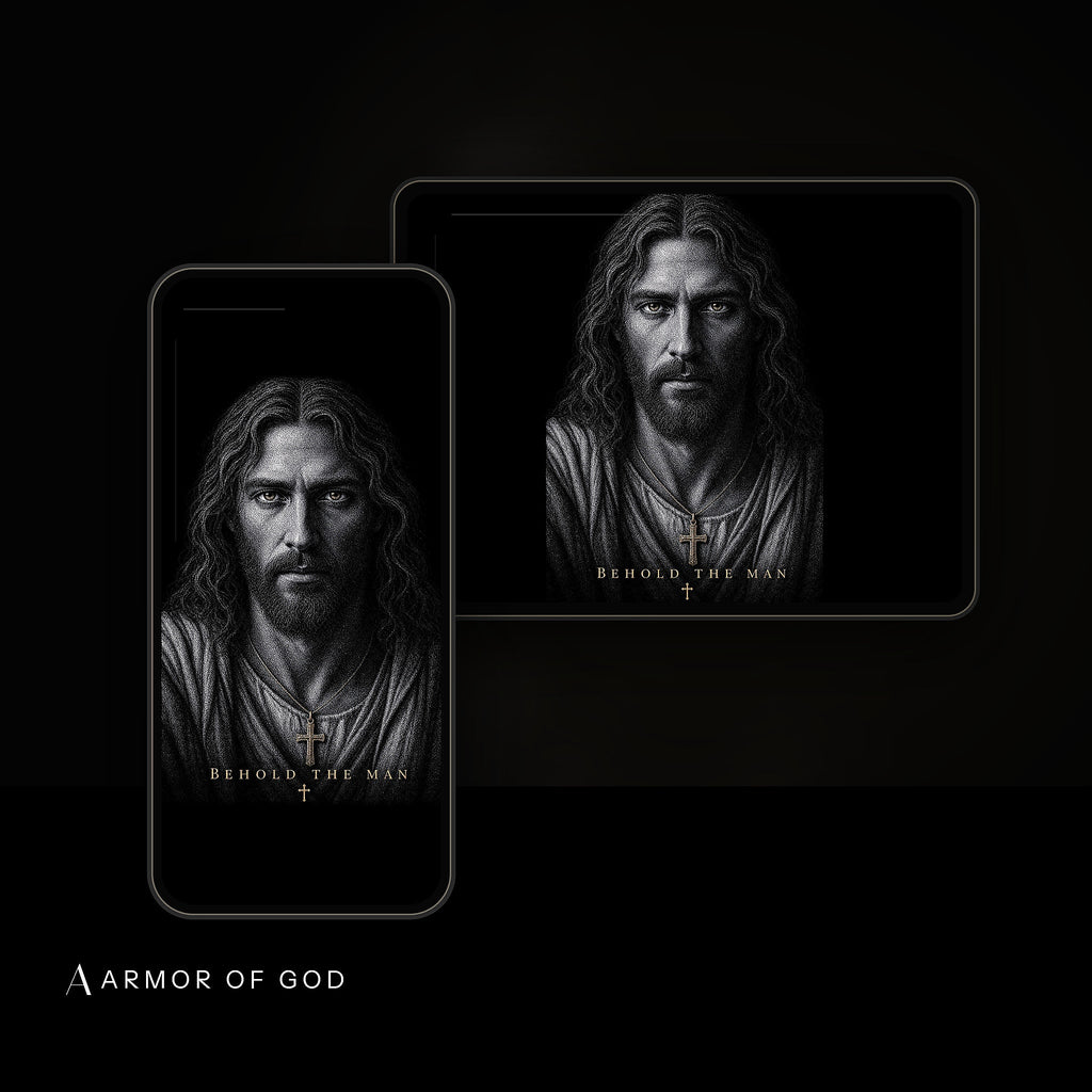 Behold the Man Wallpaper device mockup showing the wallpaper on iPhone and iPad