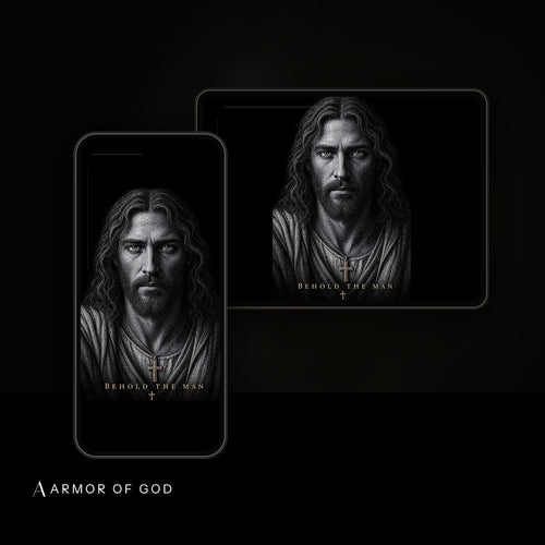 Behold the Man Wallpaper device mockup showing the wallpaper on iPhone and iPad