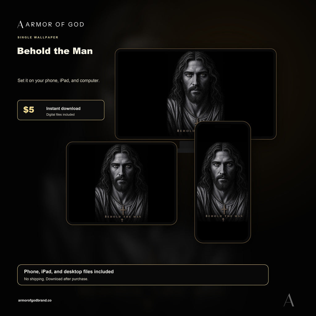 Behold the Man Wallpaper mockup showing phone, iPad, and desktop wallpaper files