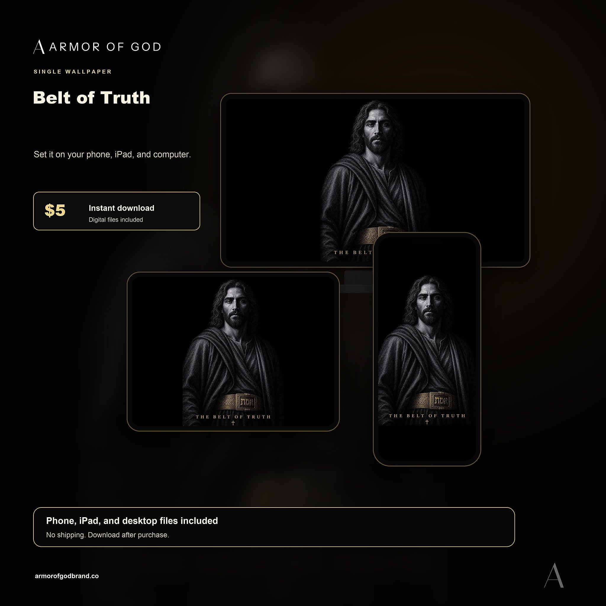 Belt of Truth Wallpaper mockup showing phone, iPad, and desktop wallpaper files
