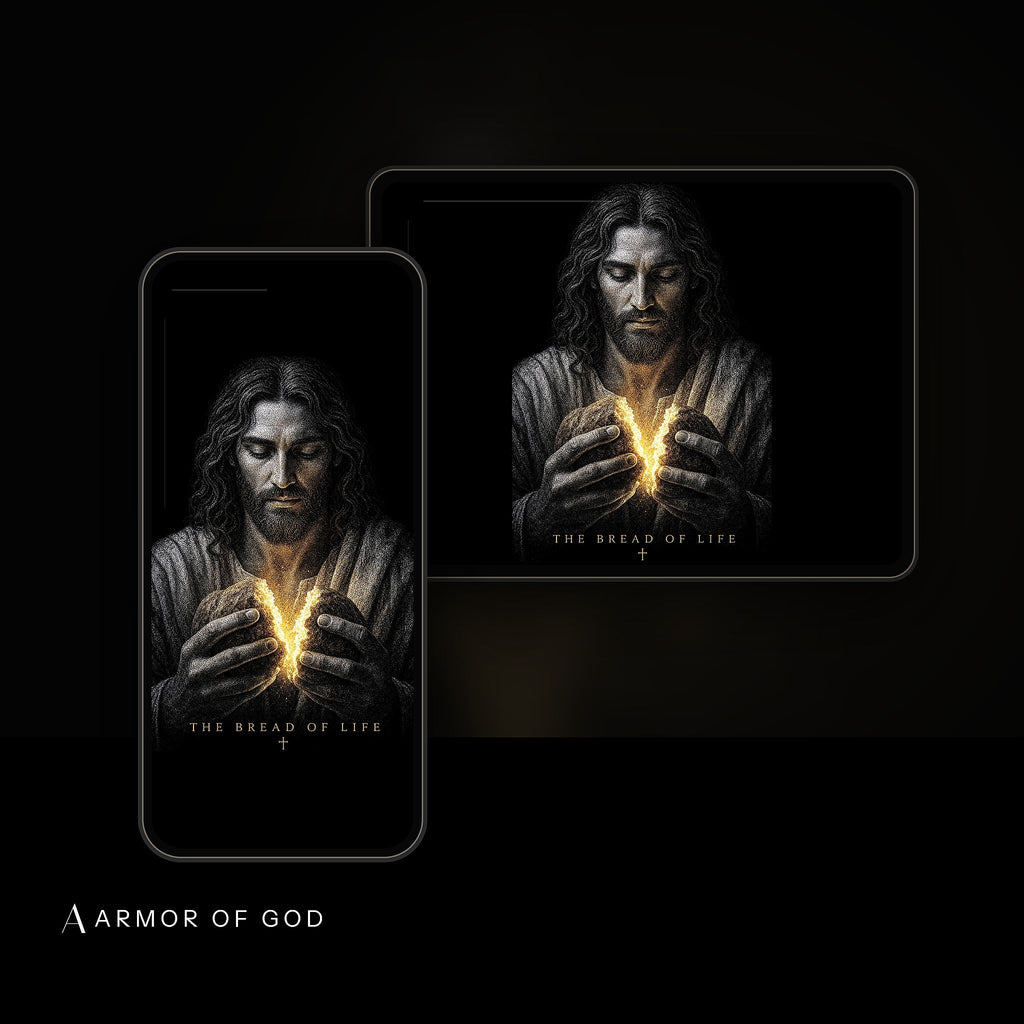 Bread of Life Wallpaper device mockup showing the wallpaper on iPhone and iPad