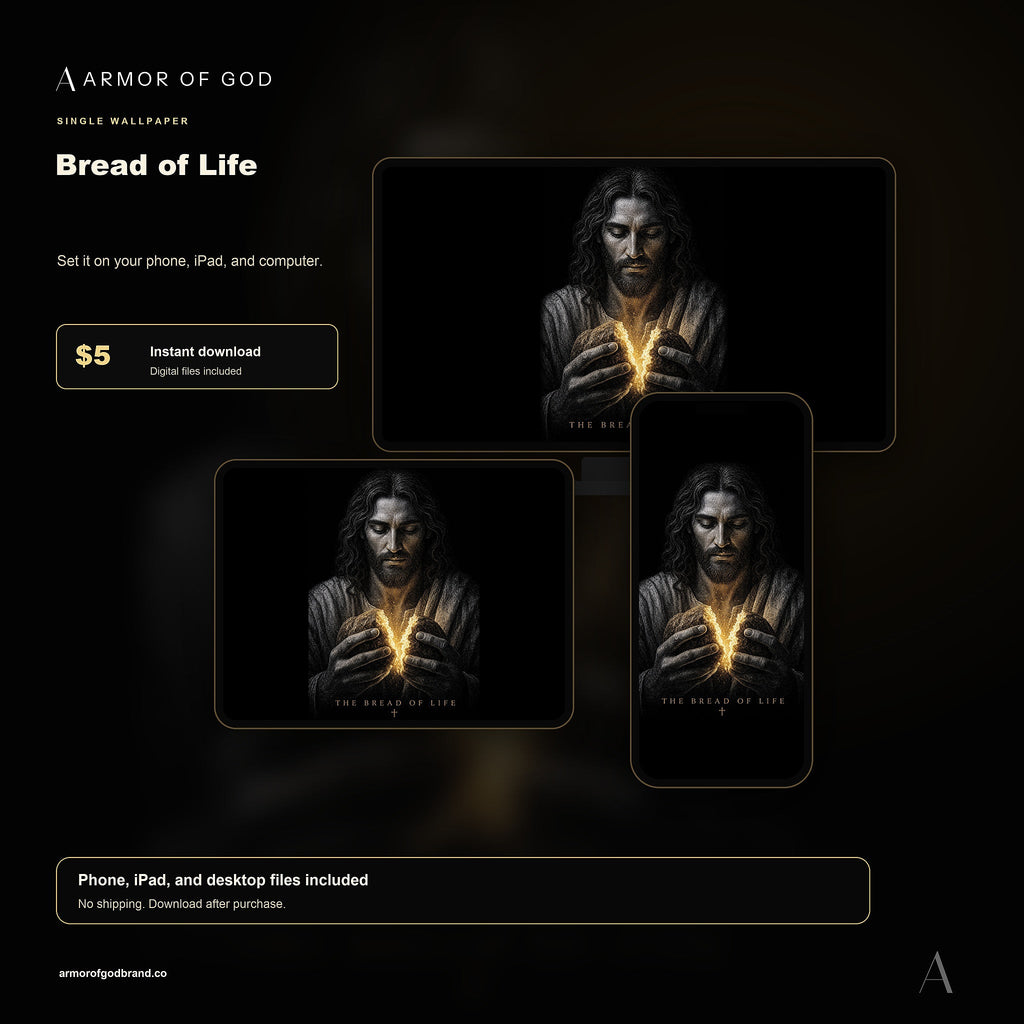 Bread of Life Wallpaper mockup showing phone, iPad, and desktop wallpaper files