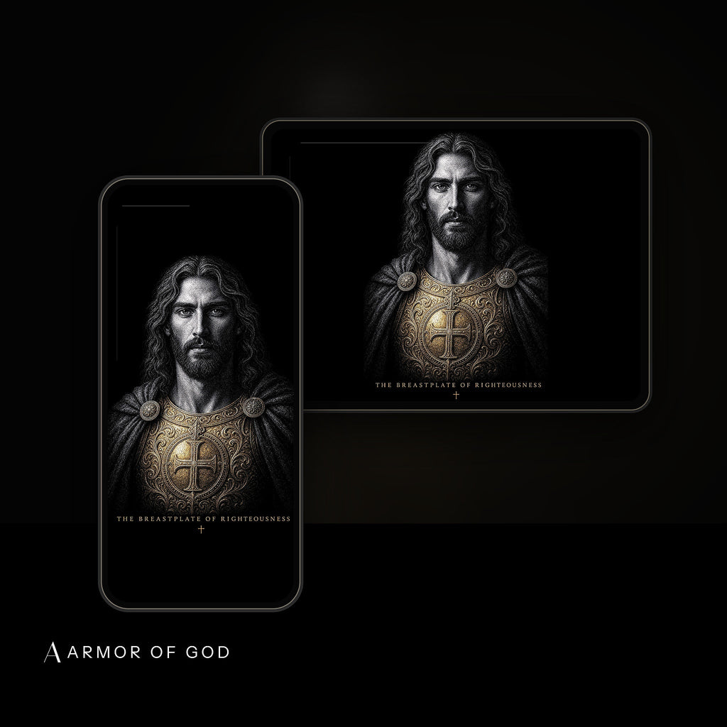 Breastplate of Righteousness Wallpaper device mockup showing the wallpaper on iPhone and iPad