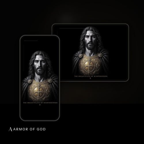 Breastplate of Righteousness Wallpaper device mockup showing the wallpaper on iPhone and iPad