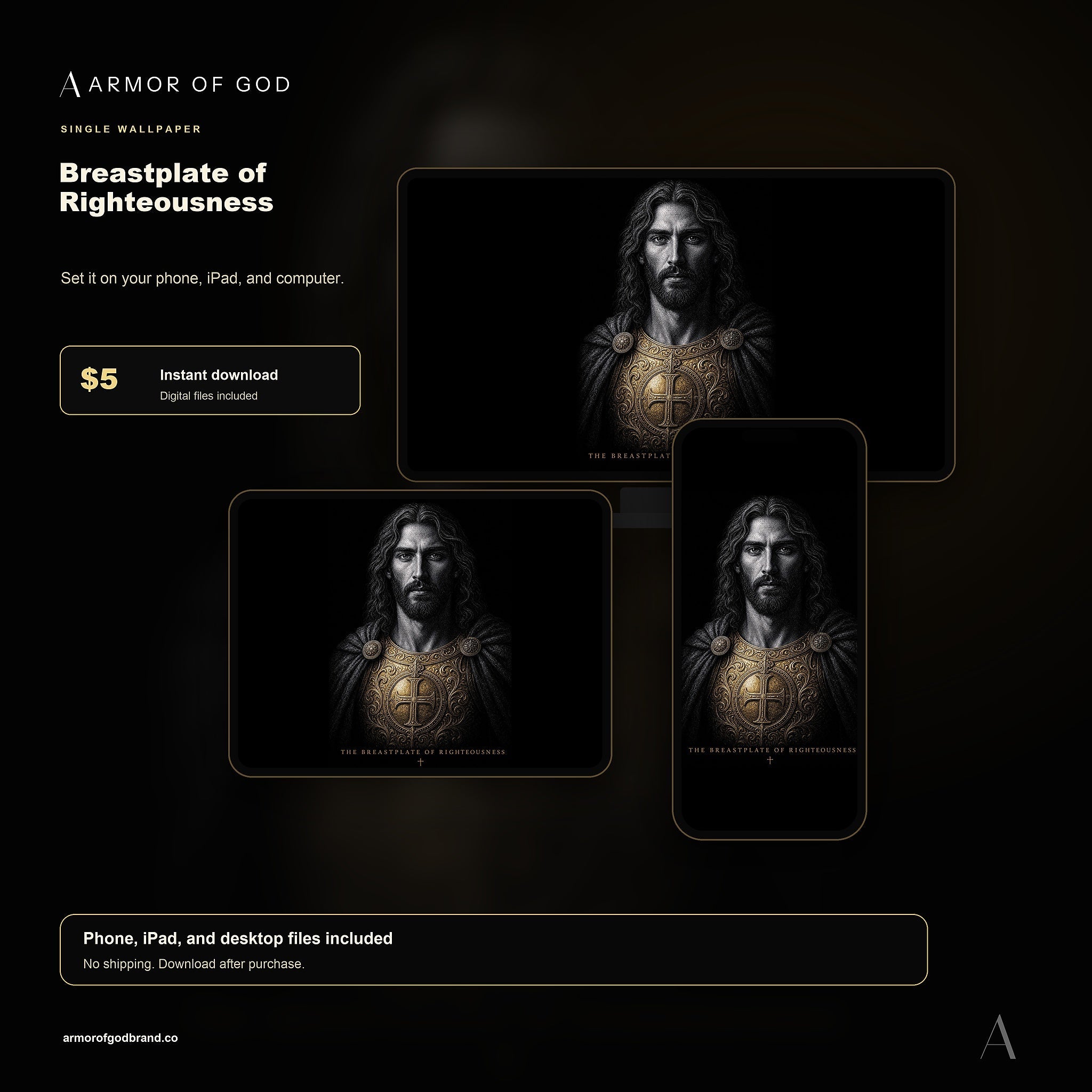Breastplate of Righteousness Wallpaper mockup showing phone, iPad, and desktop wallpaper files