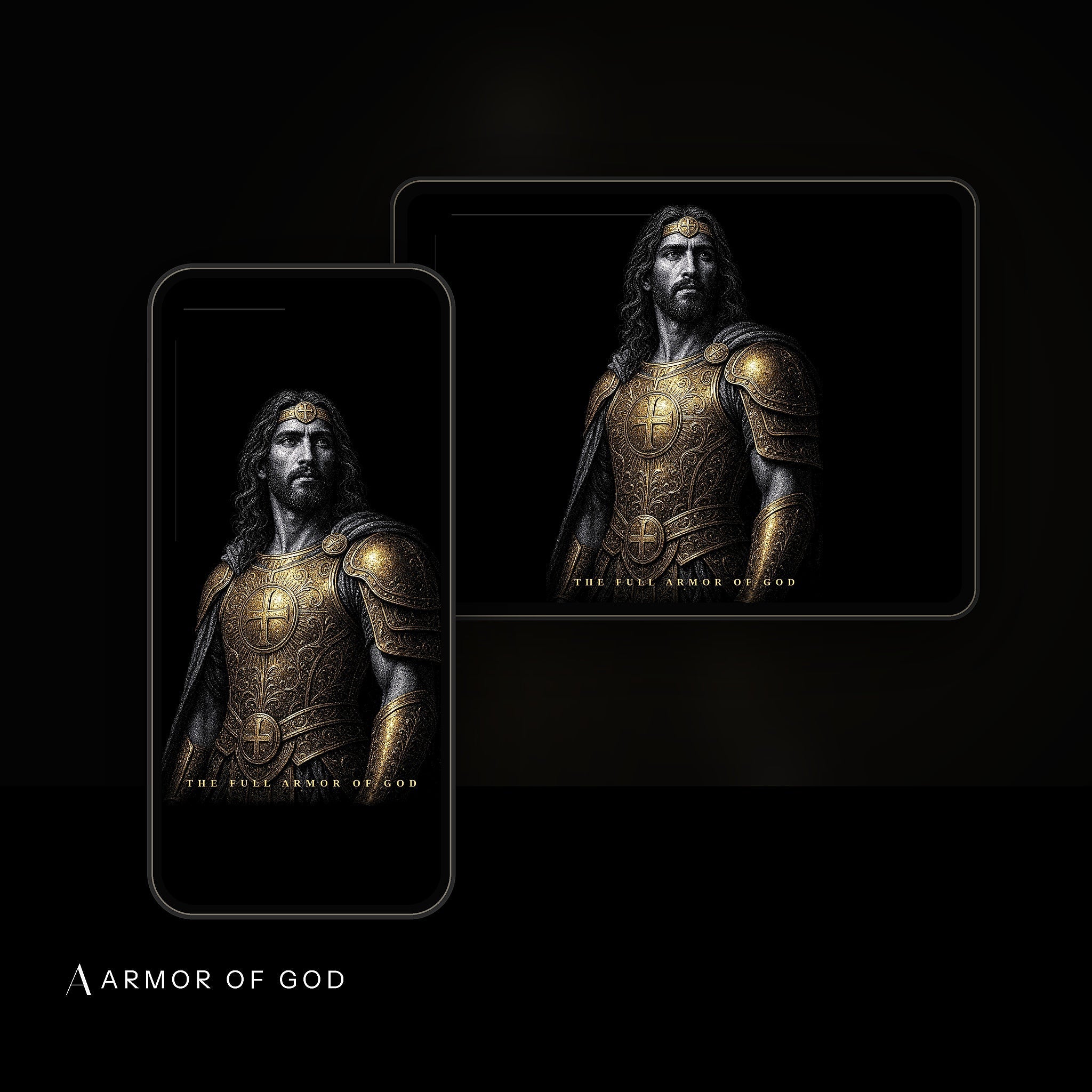 Full Armor of God Warrior Wallpaper device mockup showing the wallpaper on iPhone and iPad