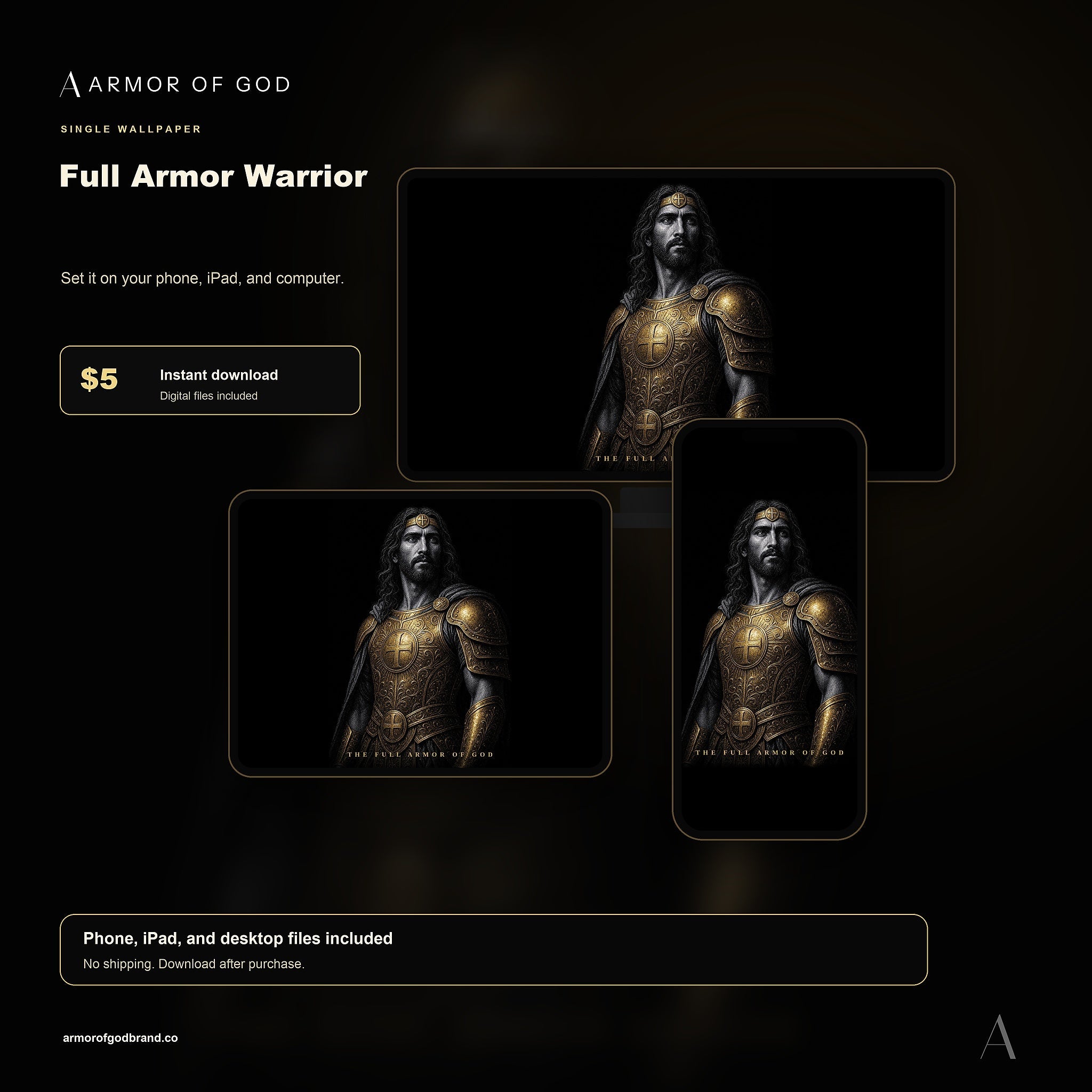 Full Armor of God Warrior Wallpaper mockup showing phone, iPad, and desktop wallpaper files