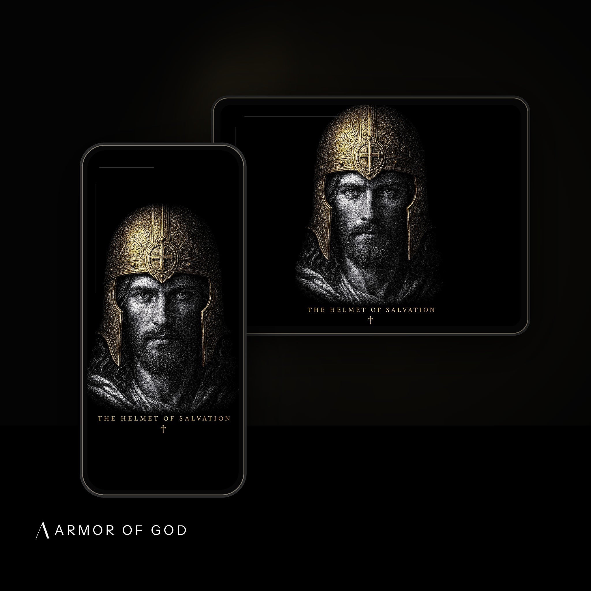 Helmet of Salvation Wallpaper device mockup showing the wallpaper on iPhone and iPad