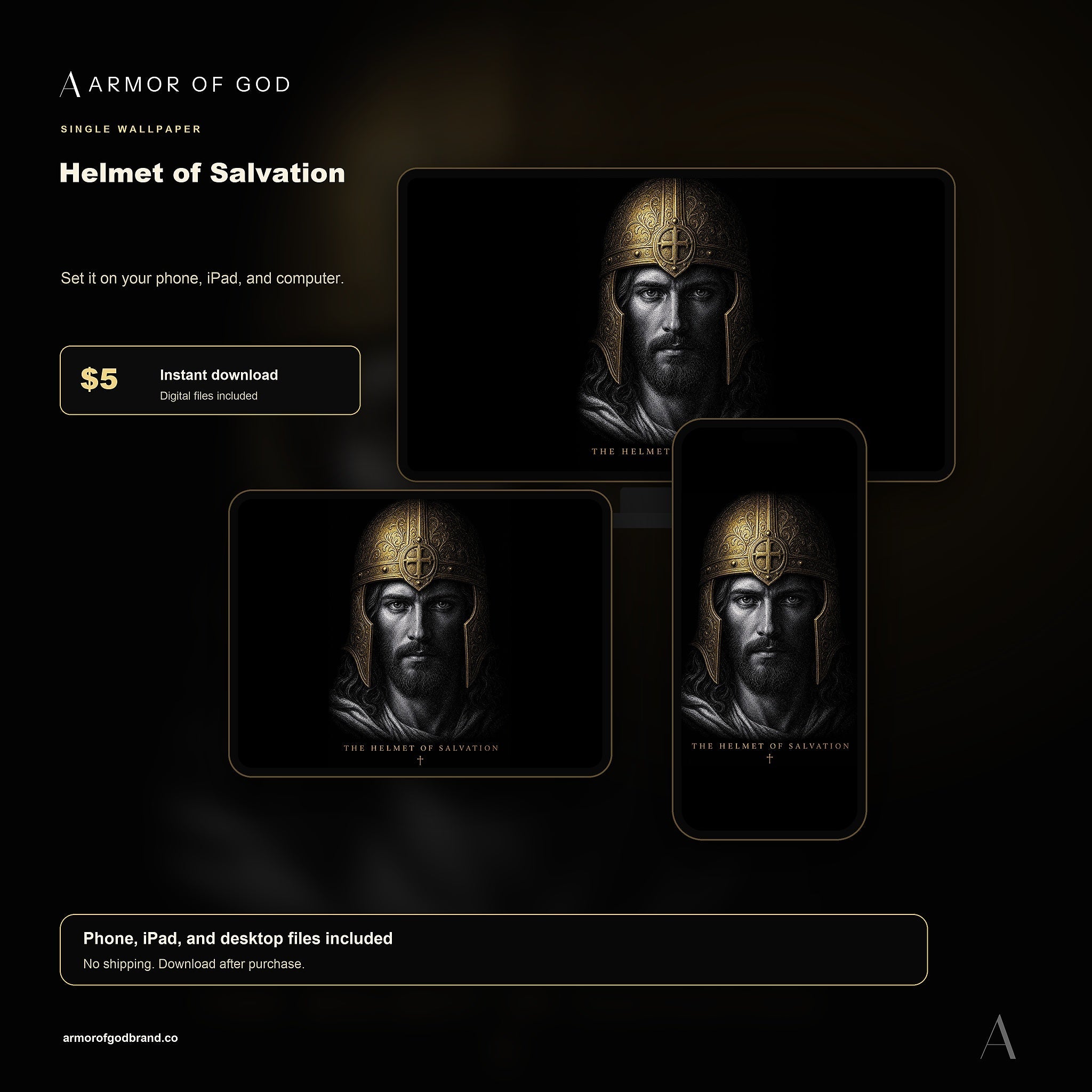Helmet of Salvation Wallpaper mockup showing phone, iPad, and desktop wallpaper files