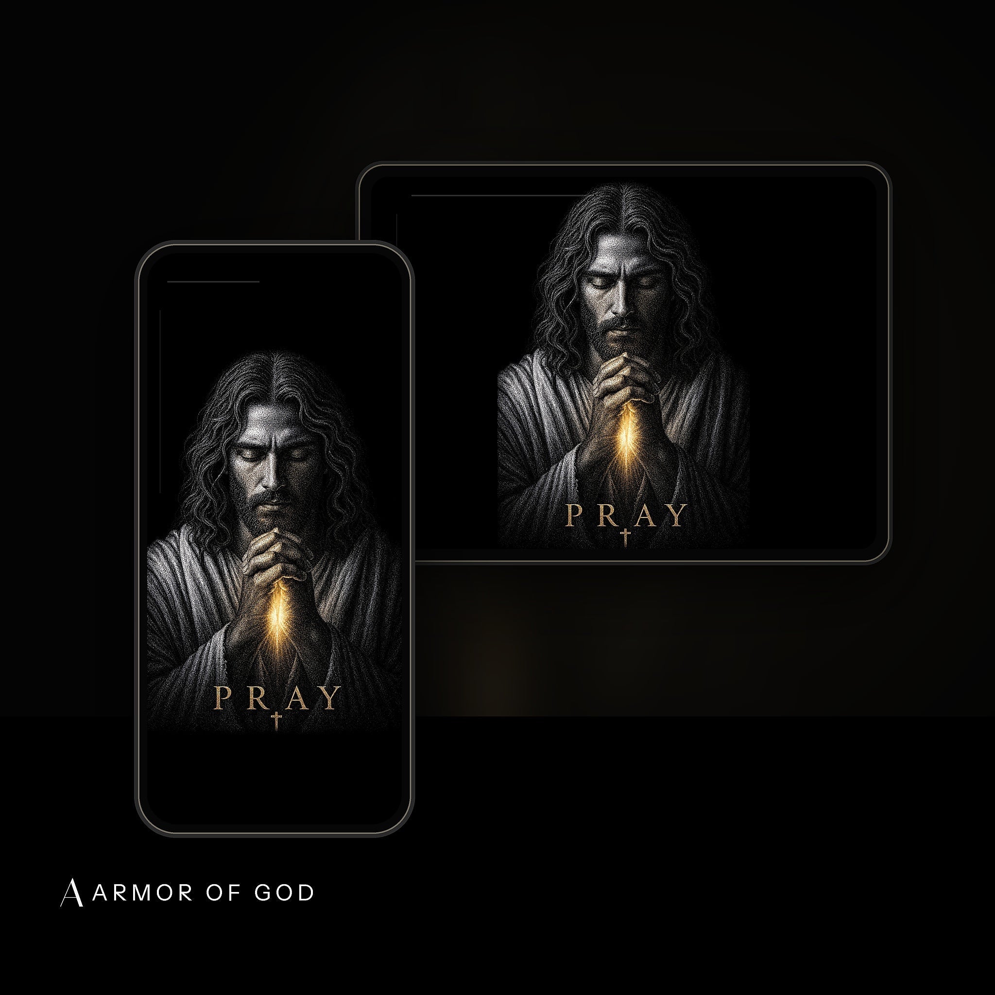 Pray Wallpaper device mockup showing the wallpaper on iPhone and iPad
