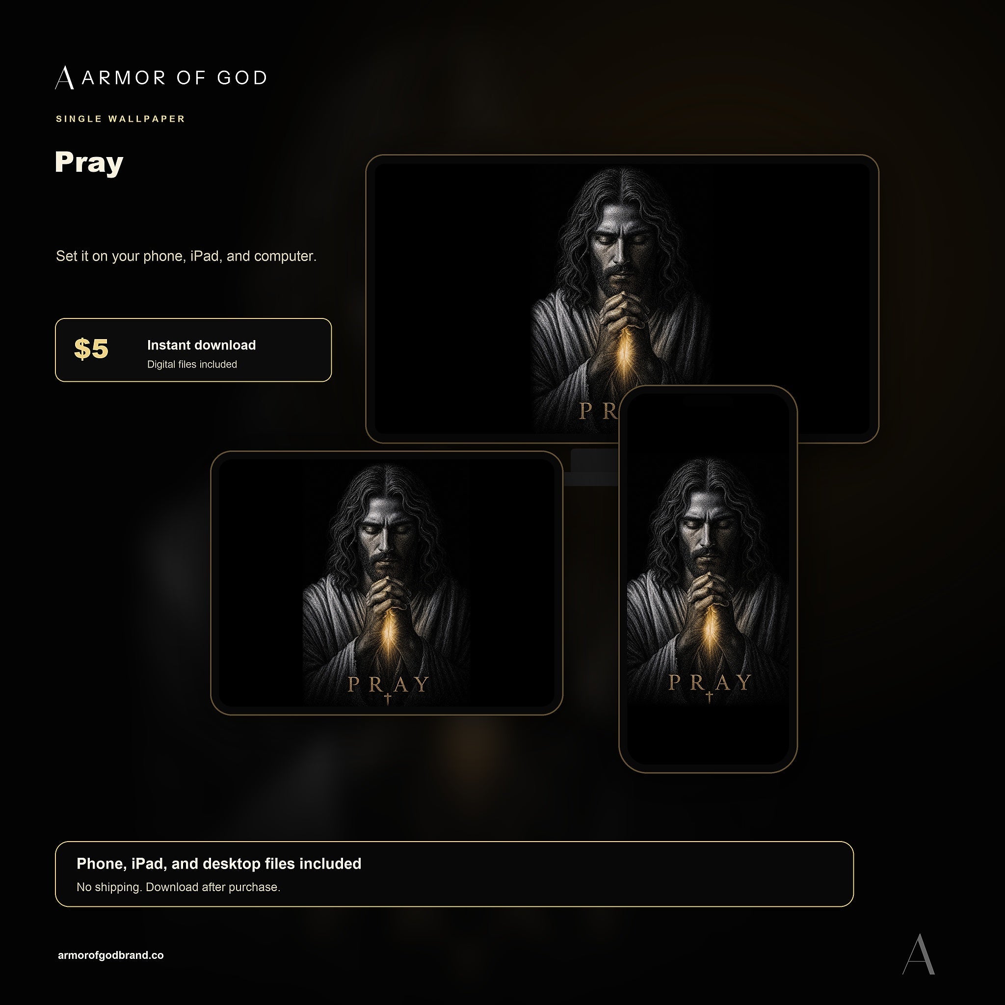 Pray Wallpaper mockup showing phone, iPad, and desktop wallpaper files