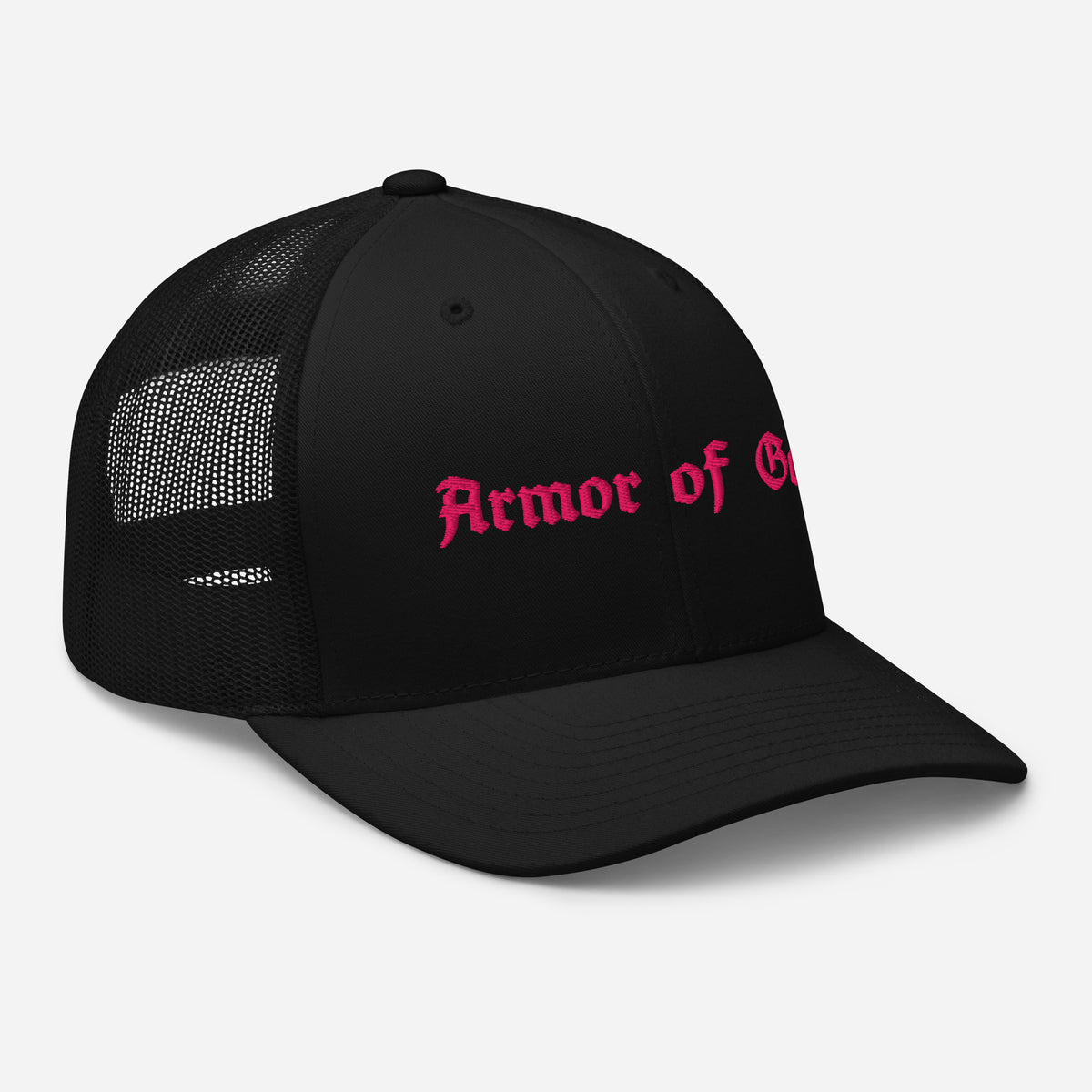 Armor of God Trucker Cap in black with pink embroidery, right front view