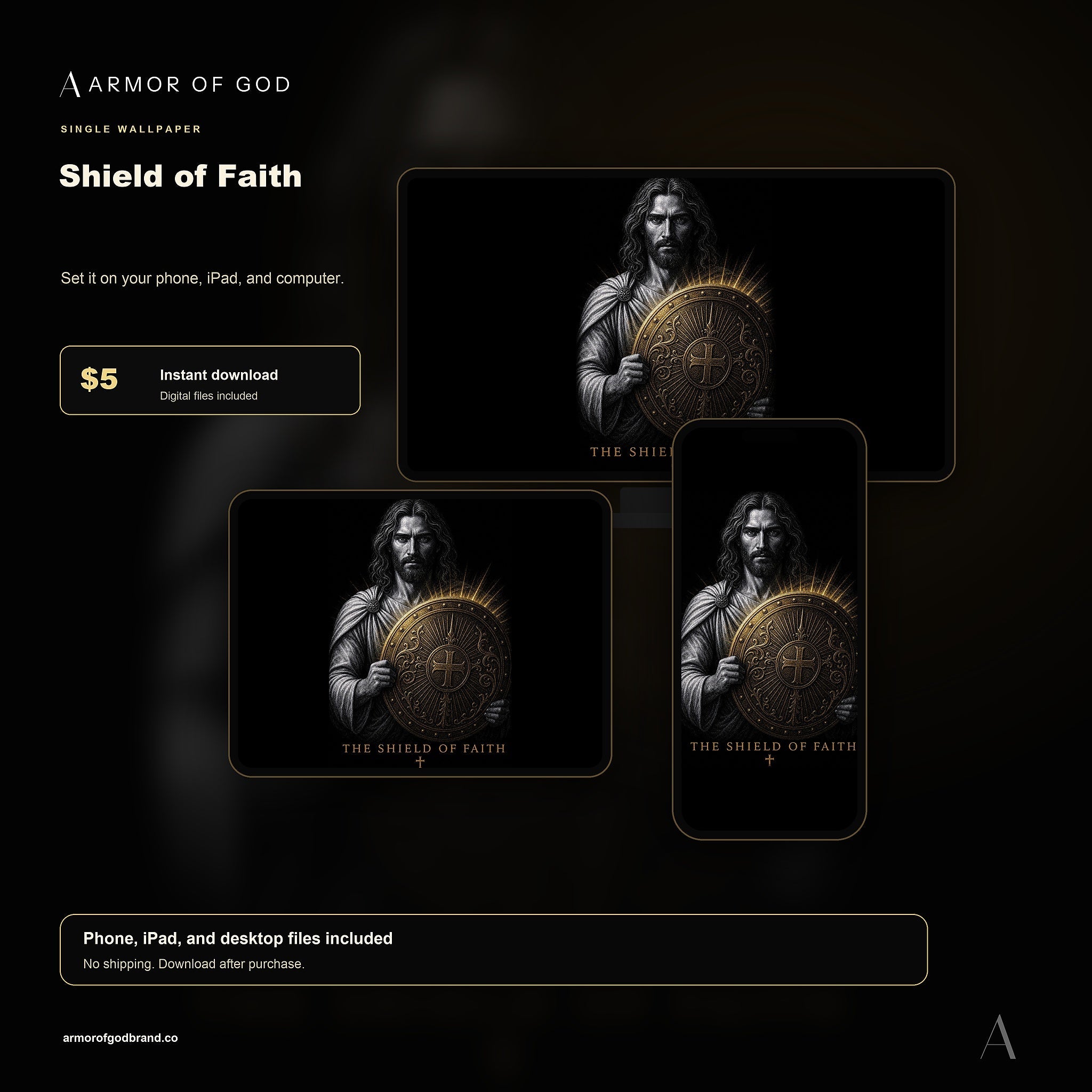 Shield of Faith Wallpaper mockup showing phone, iPad, and desktop wallpaper files