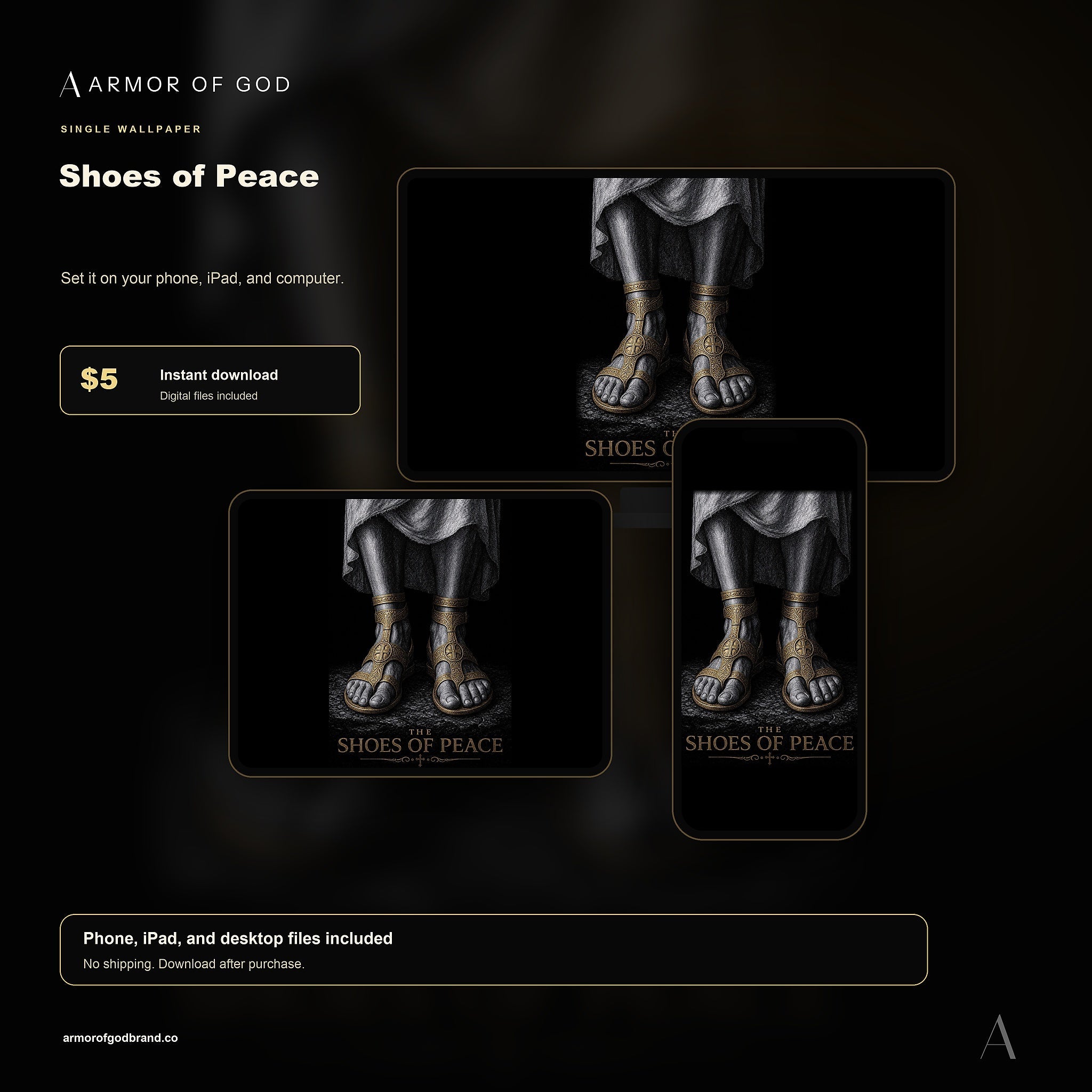 Shoes of Peace Wallpaper mockup showing phone, iPad, and desktop wallpaper files