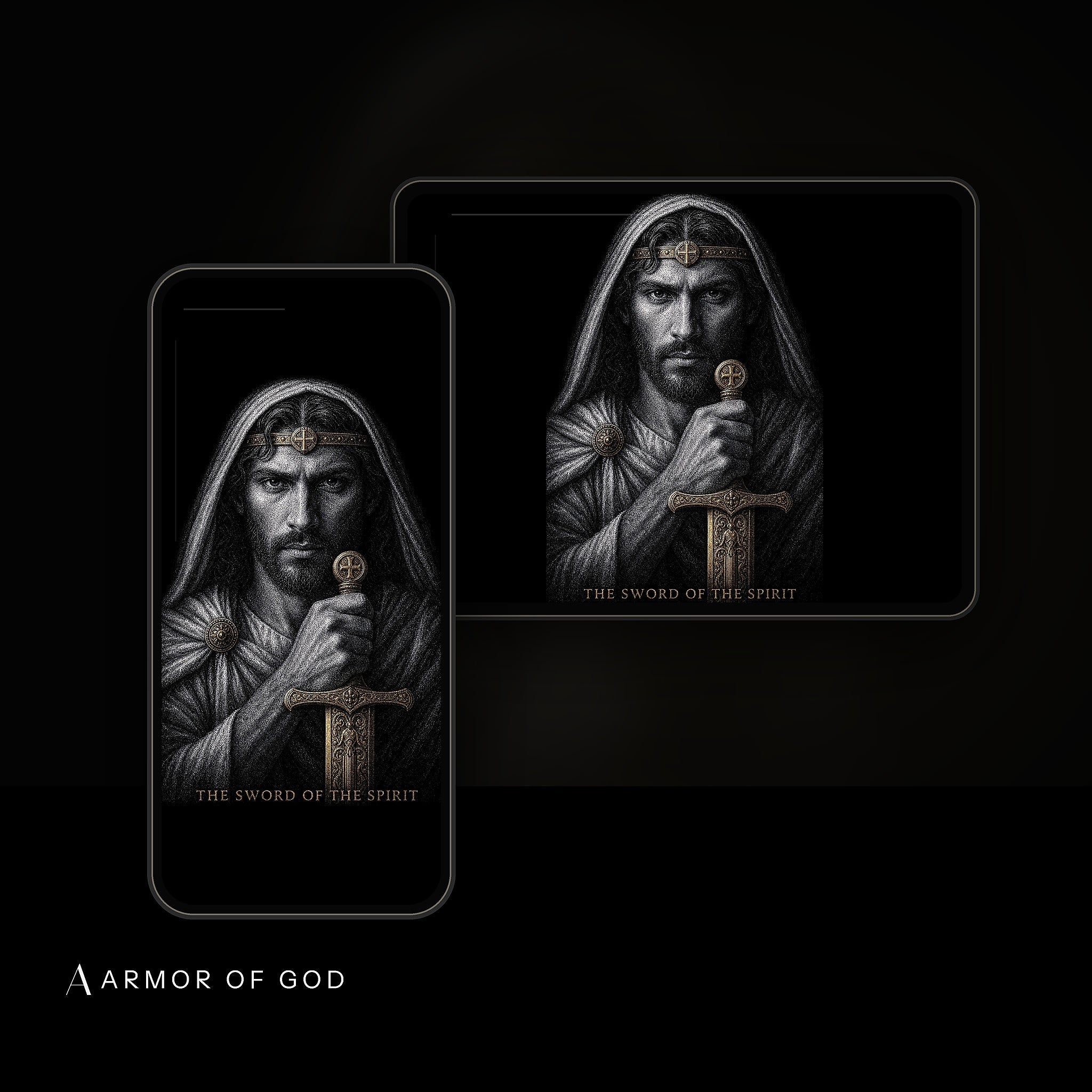 Sword of the Spirit Wallpaper device mockup showing the wallpaper on iPhone and iPad