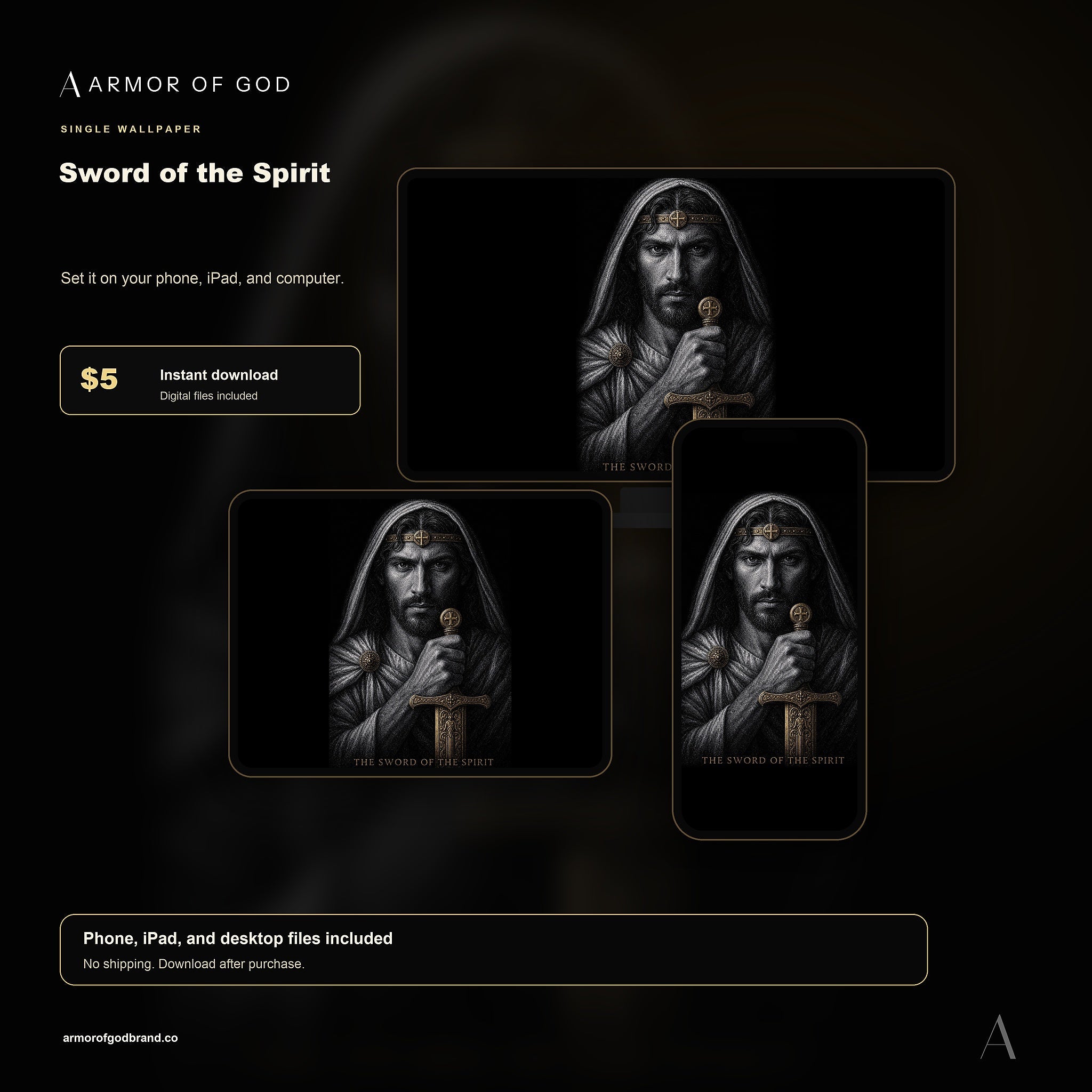 Sword of the Spirit Wallpaper mockup showing phone, iPad, and desktop wallpaper files