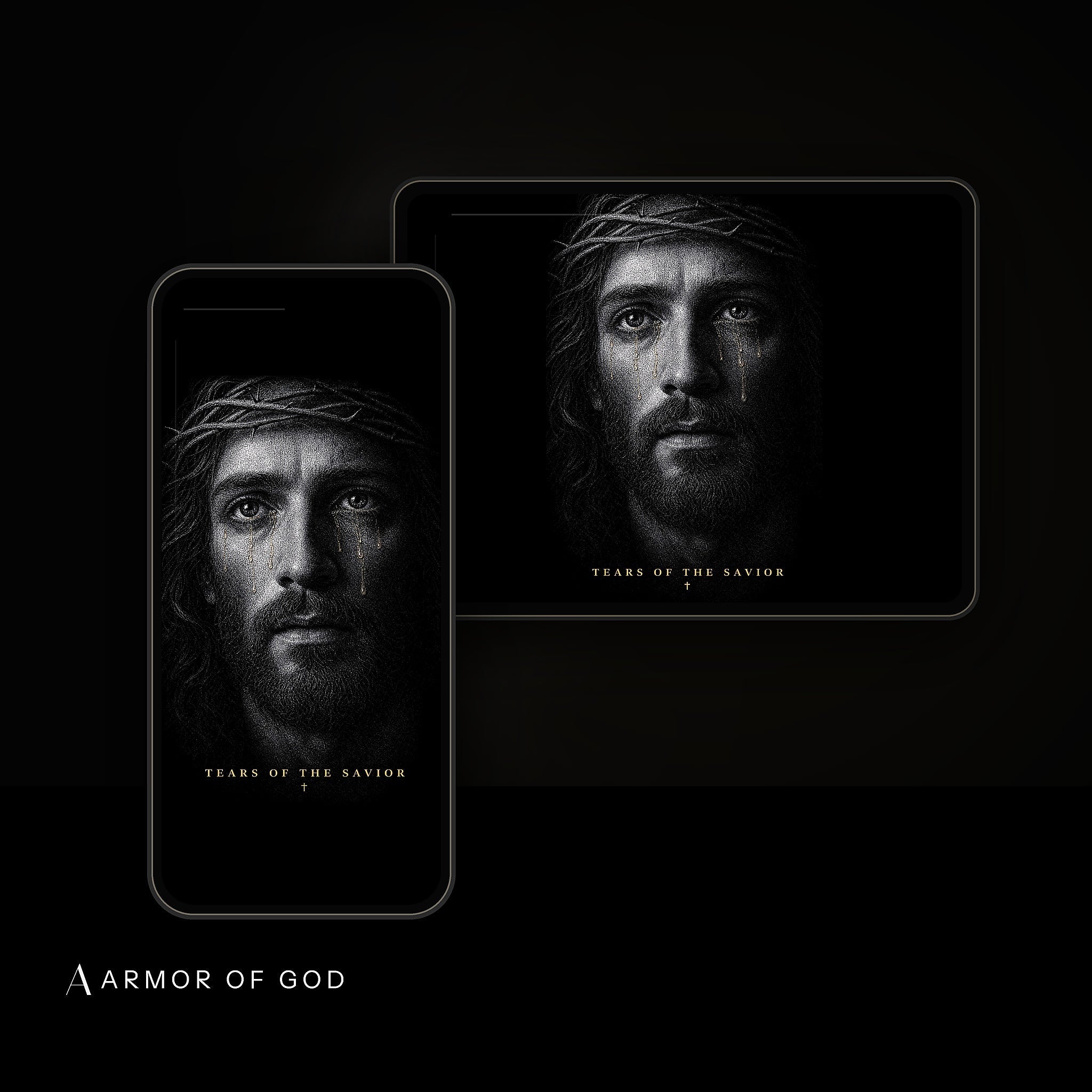 Tears of the Savior Wallpaper device mockup showing the wallpaper on iPhone and iPad