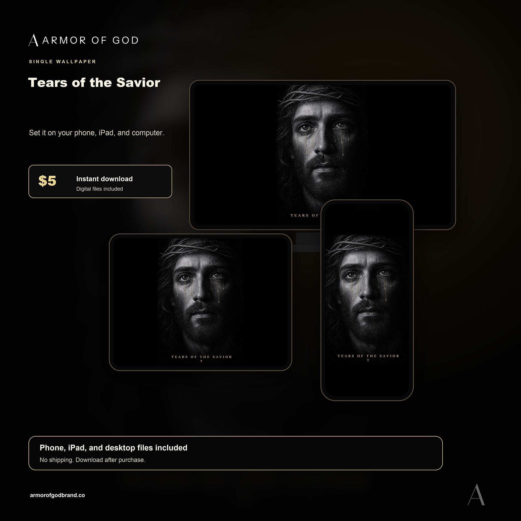 Tears of the Savior Wallpaper mockup showing phone, iPad, and desktop wallpaper files
