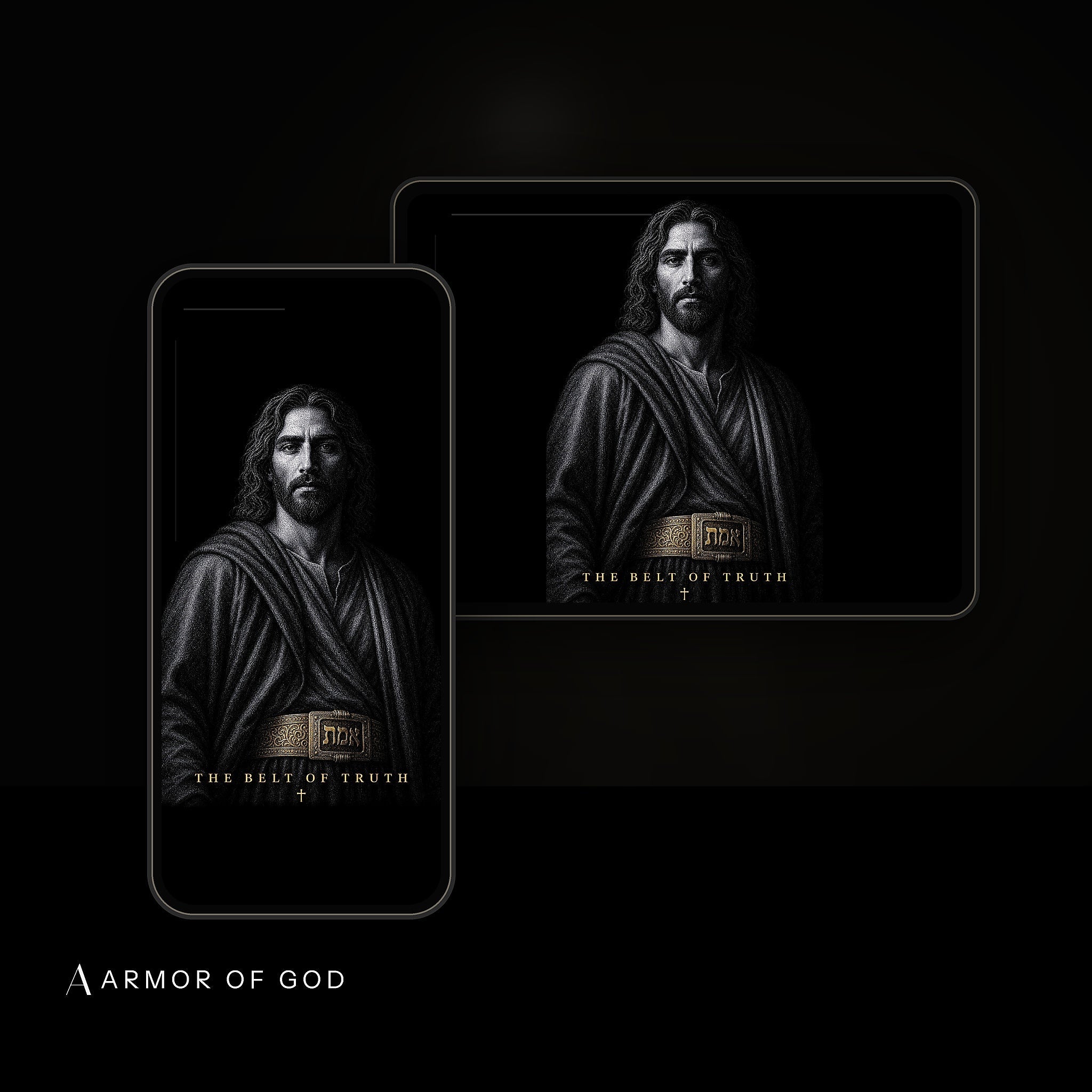 The Armor Collection Wallpaper Pack device mockup showing the wallpaper on iPhone and iPad