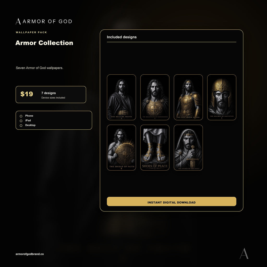 The Armor Collection Wallpaper Pack mockup showing included Armor of God wallpaper files