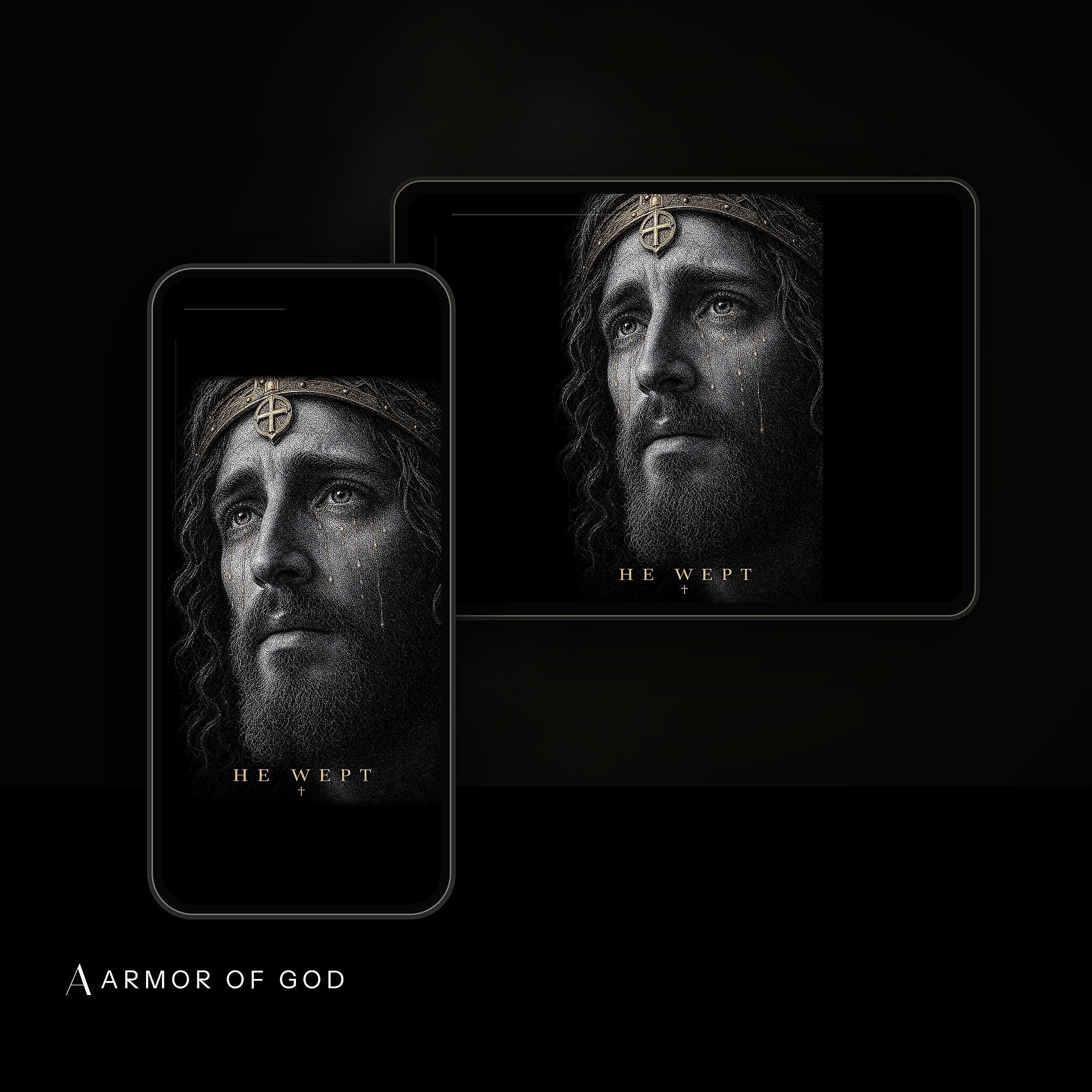 The Grief & Comfort Collection Wallpaper Pack device mockup showing the wallpaper on iPhone and iPad