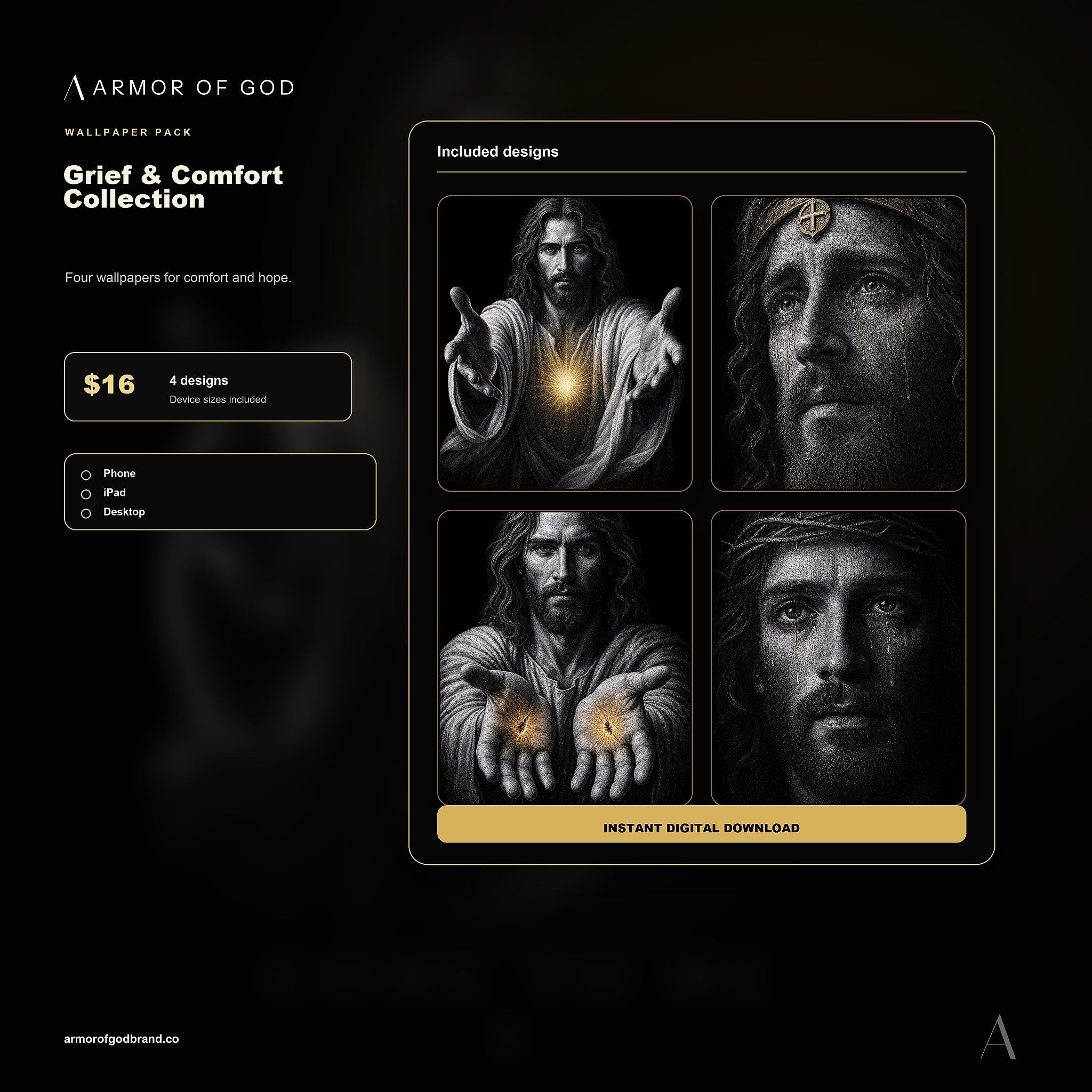 The Grief & Comfort Collection Wallpaper Pack mockup showing included Armor of God wallpaper files