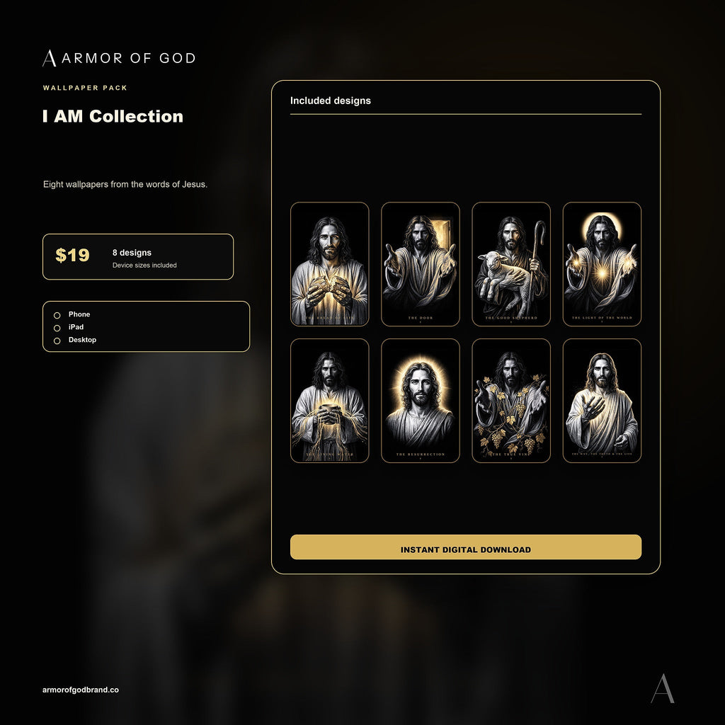 The I AM Collection Wallpaper Pack mockup showing included Armor of God wallpaper files