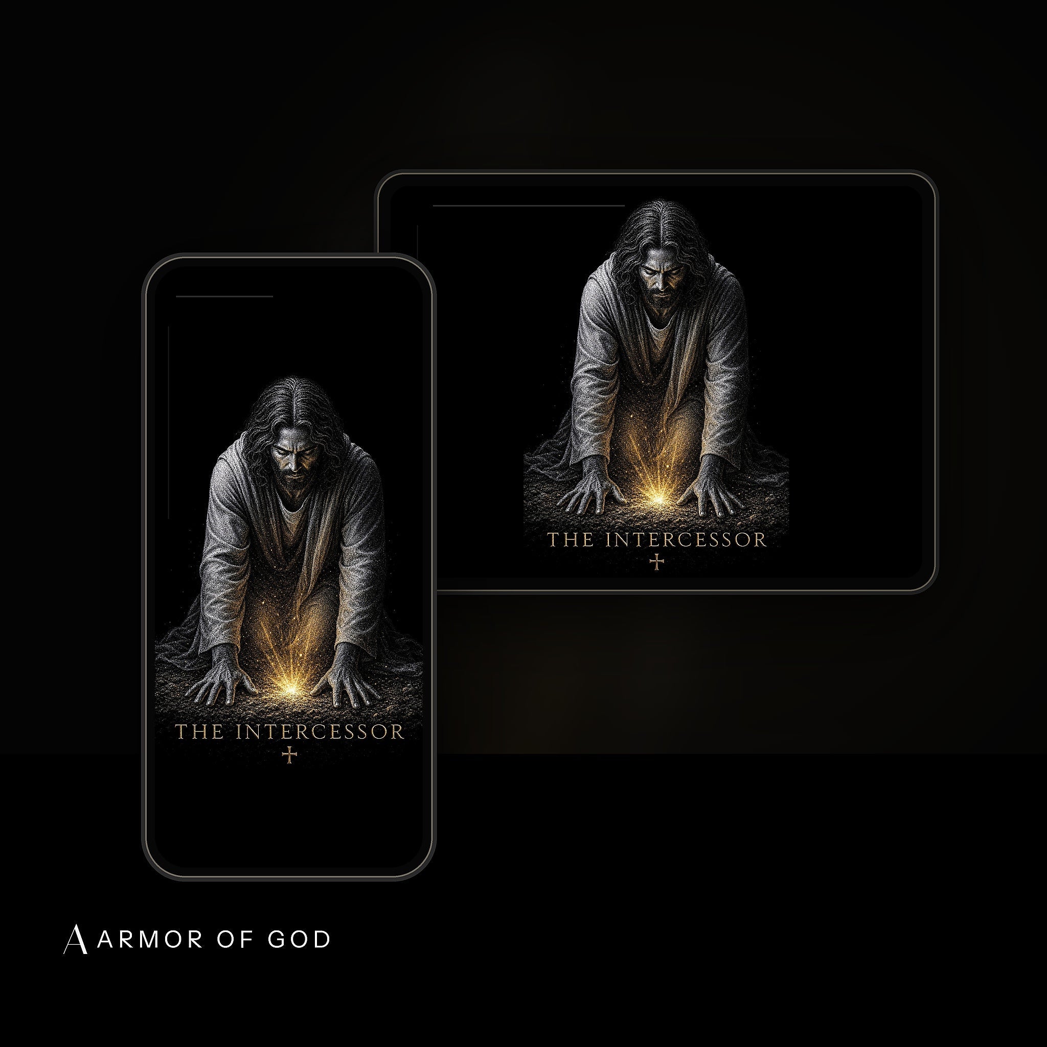 The Intercessor Wallpaper device mockup showing the wallpaper on iPhone and iPad