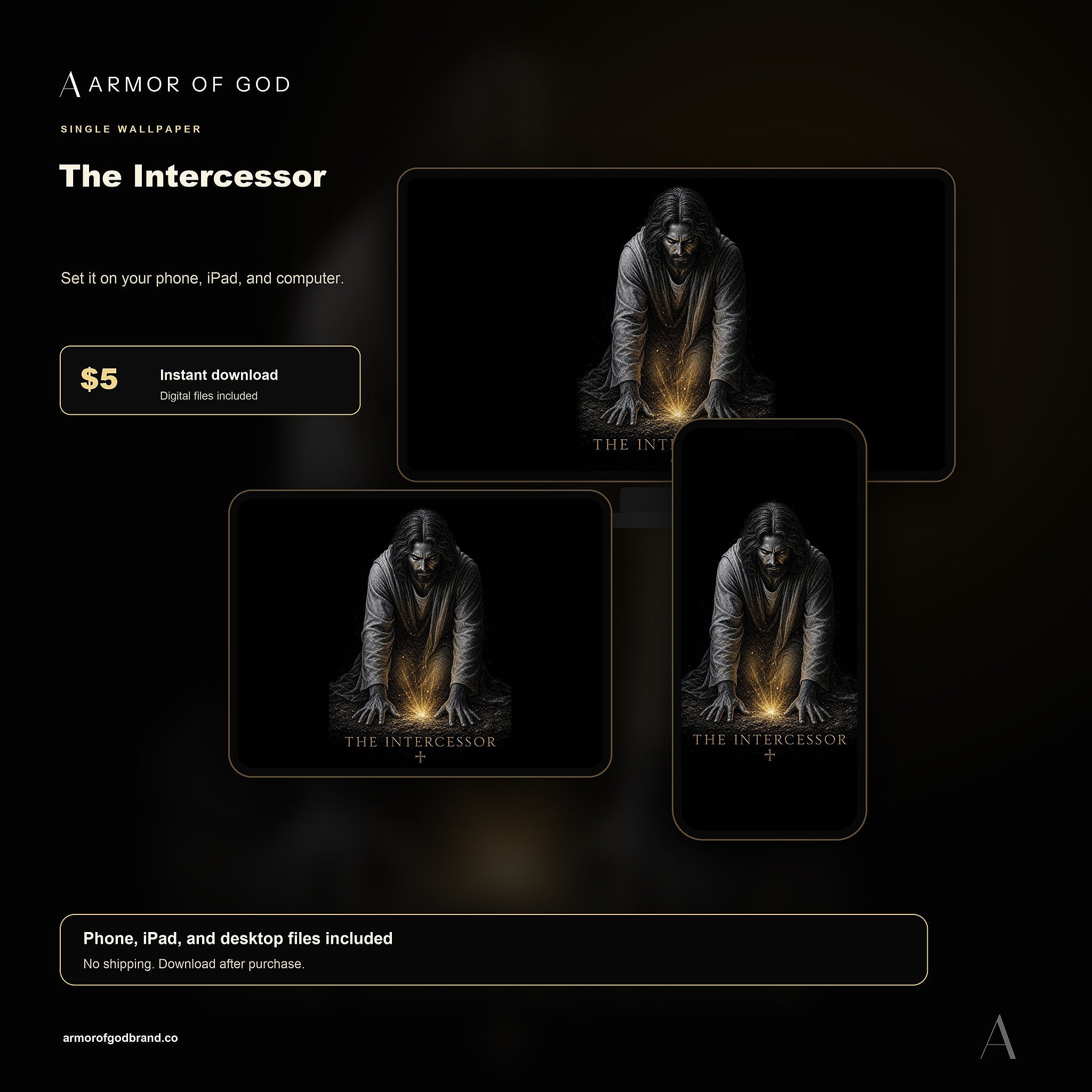 The Intercessor Wallpaper mockup showing phone, iPad, and desktop wallpaper files
