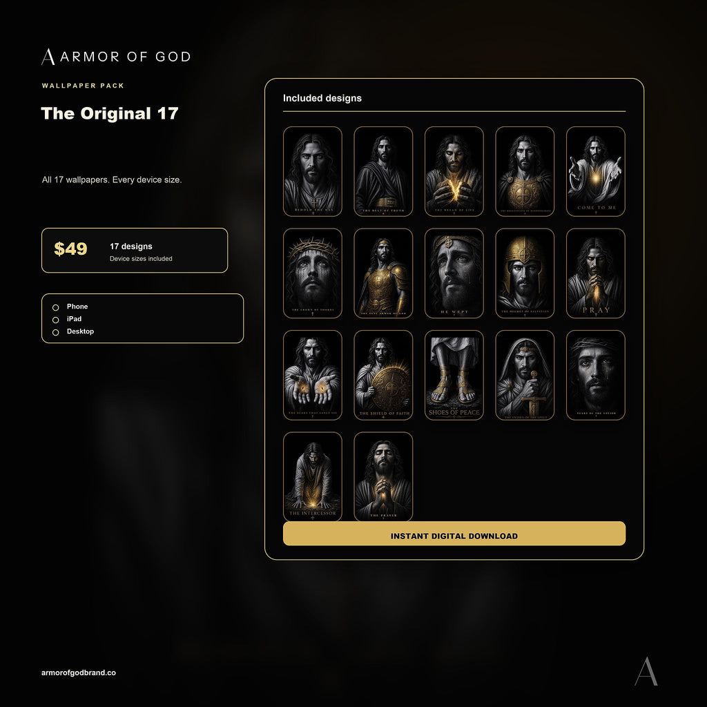 The Original 17 Wallpaper Collection mockup showing included Armor of God wallpaper files