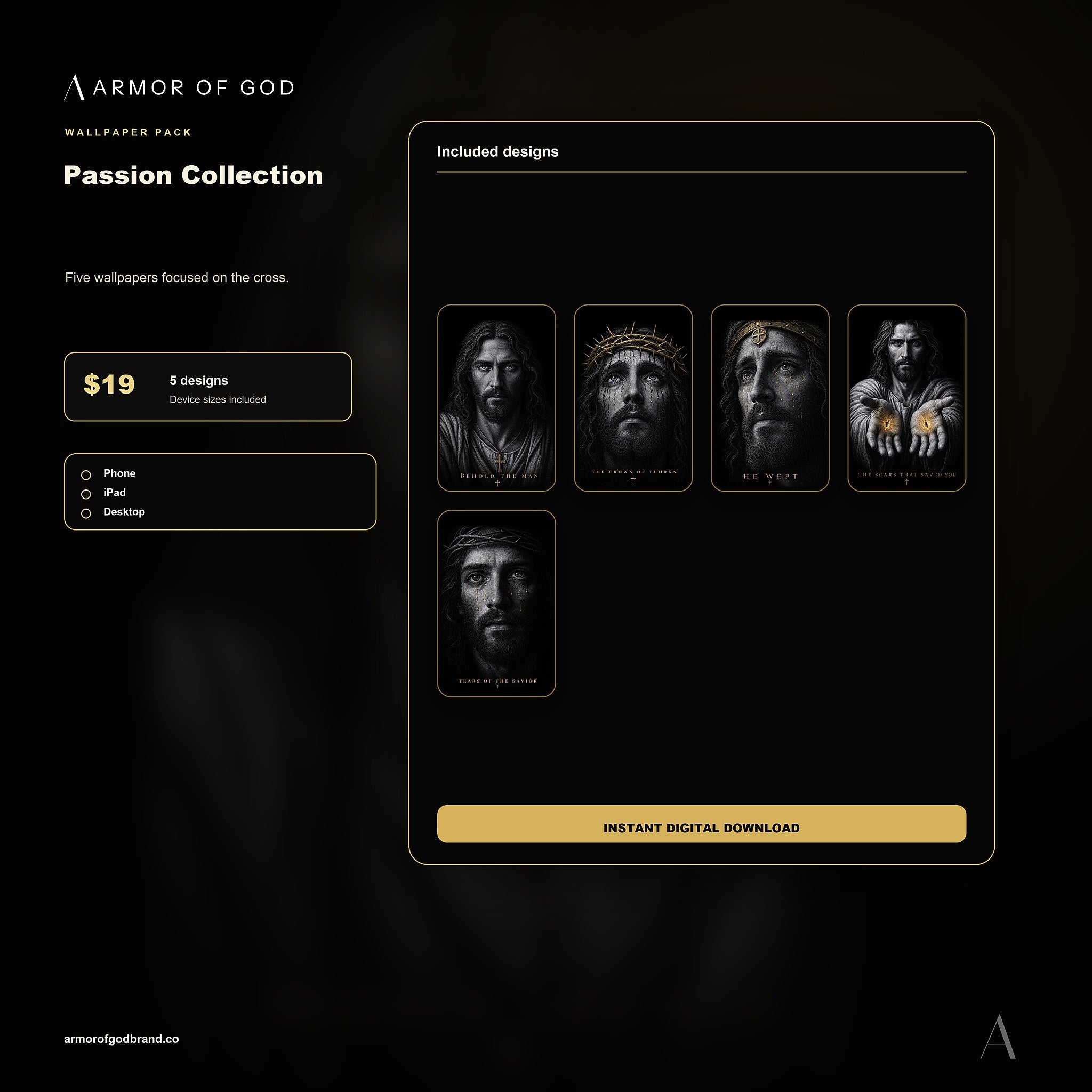 The Passion Collection Wallpaper Pack mockup showing included Armor of God wallpaper files