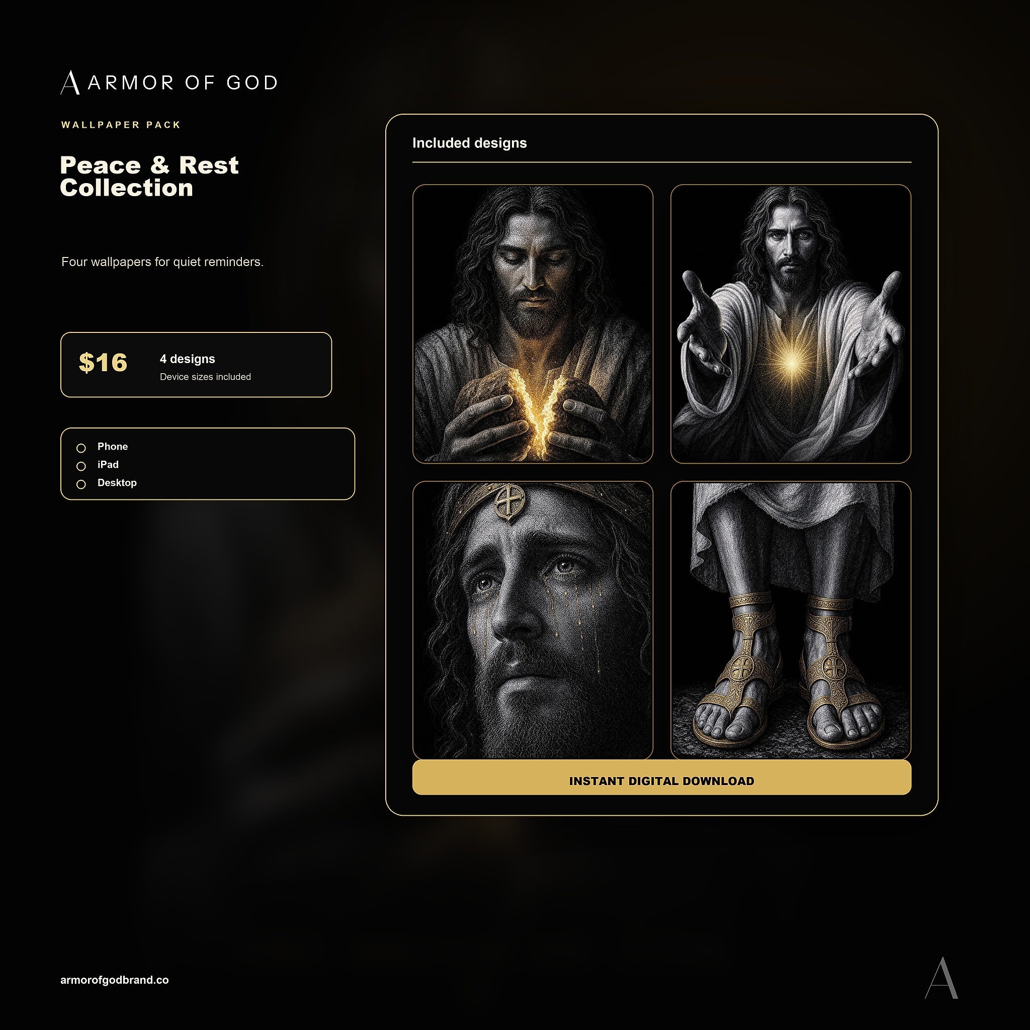 The Peace & Rest Collection Wallpaper Pack mockup showing included Armor of God wallpaper files