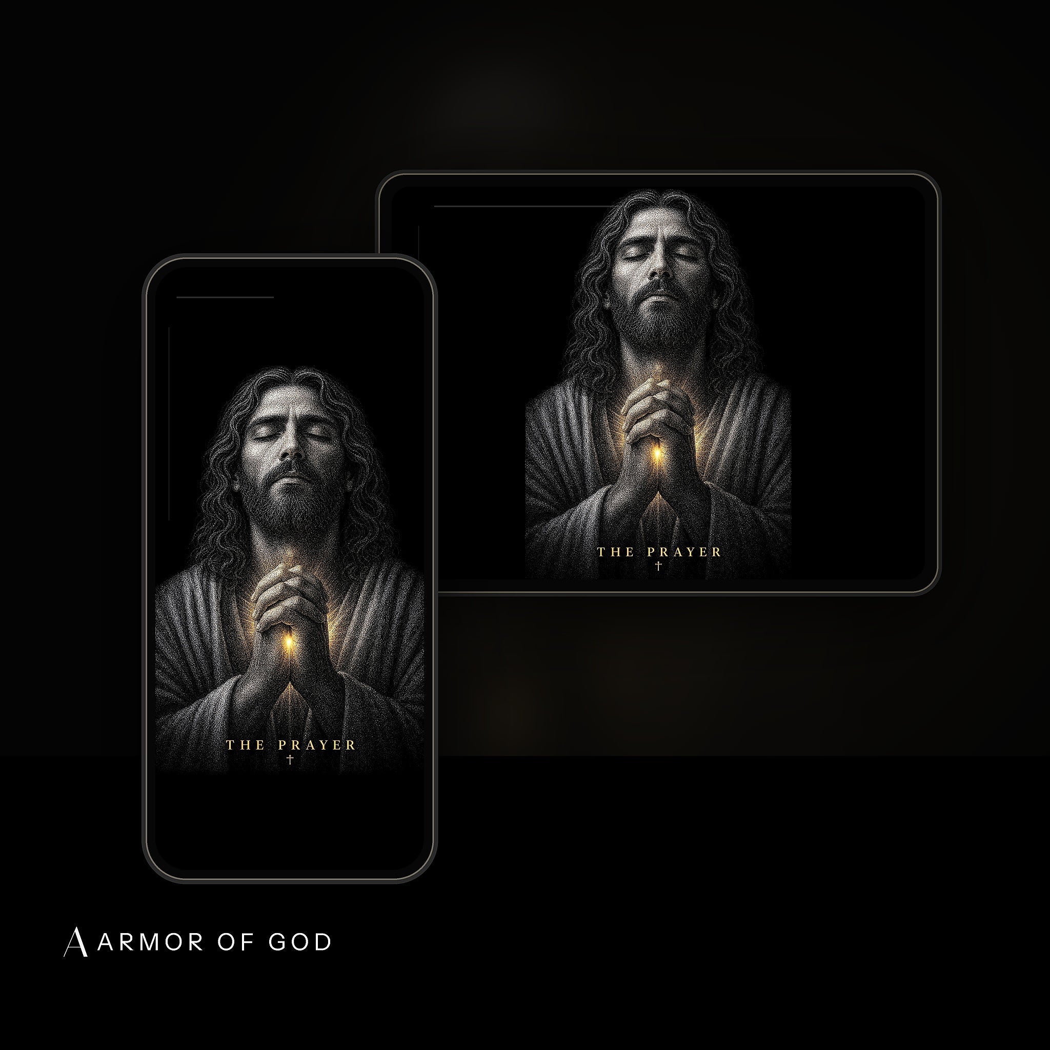 The Prayer Collection Wallpaper Pack device mockup showing the wallpaper on iPhone and iPad
