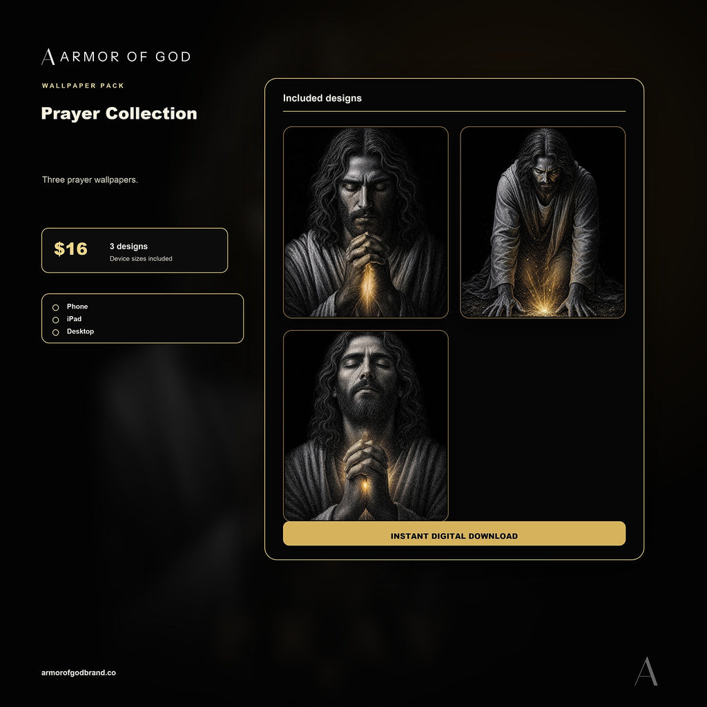 The Prayer Collection Wallpaper Pack mockup showing included Armor of God wallpaper files