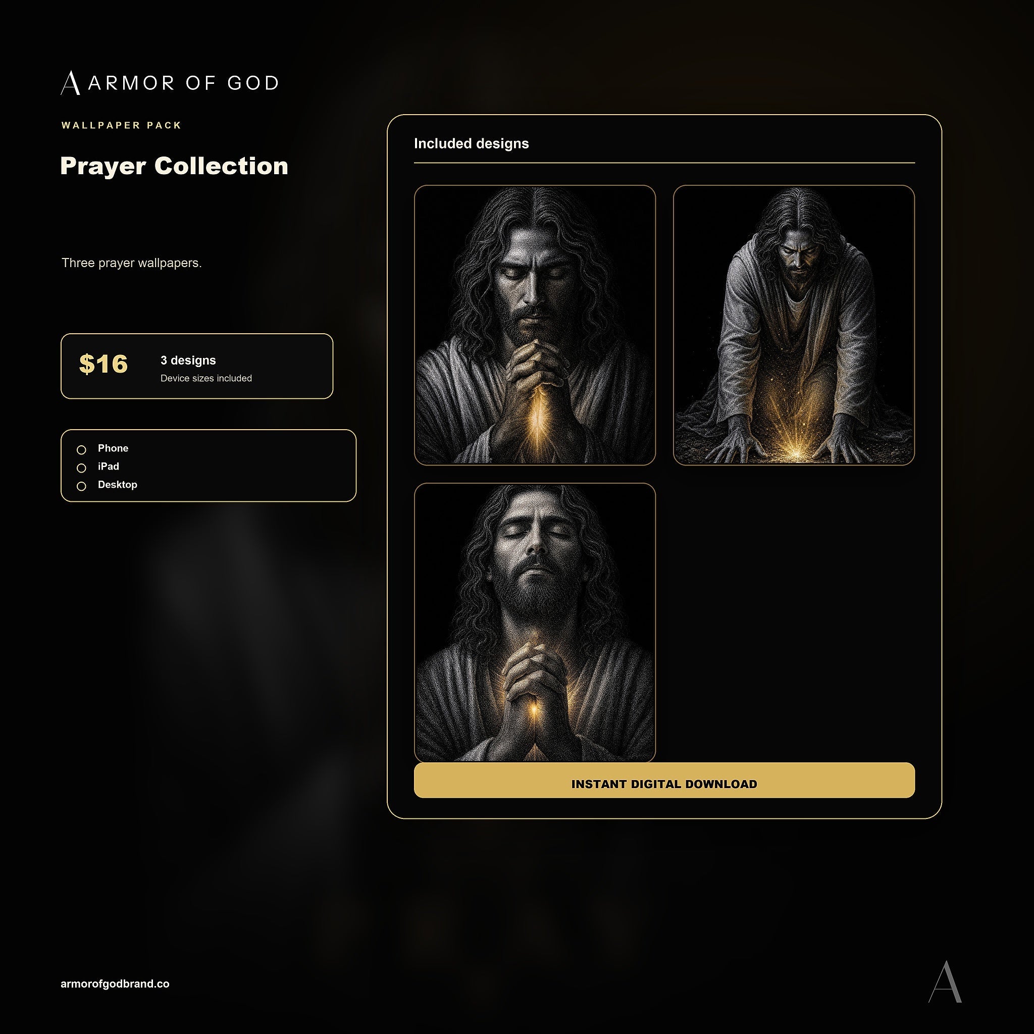 The Prayer Collection Wallpaper Pack mockup showing included Armor of God wallpaper files