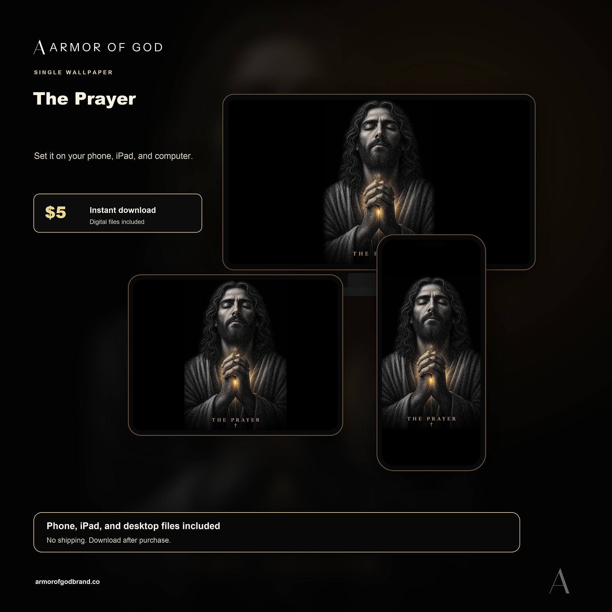 The Prayer Wallpaper mockup showing phone, iPad, and desktop wallpaper files