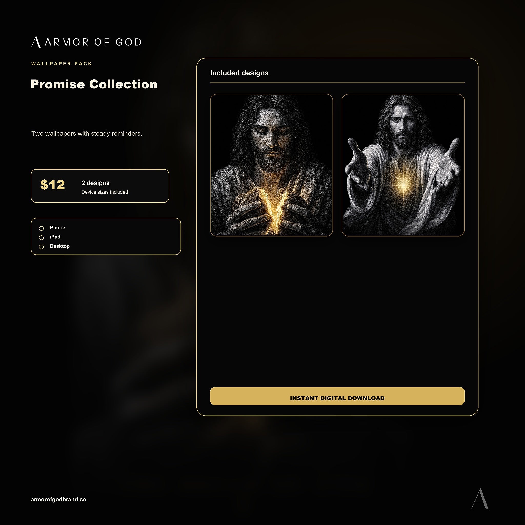 The Promise Collection Wallpaper Pack mockup showing included Armor of God wallpaper files