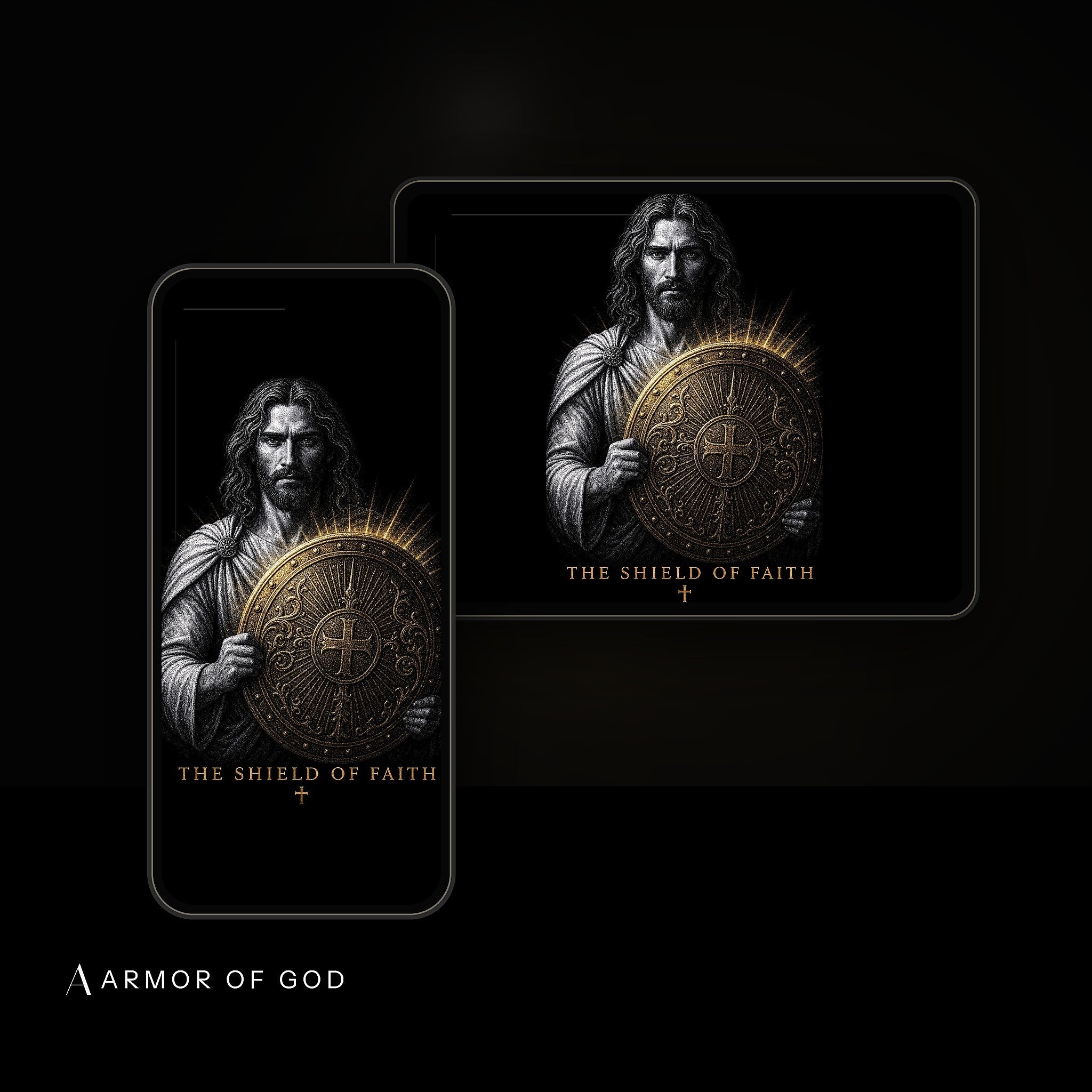 The Strength & Courage Collection Wallpaper Pack device mockup showing the wallpaper on iPhone and iPad