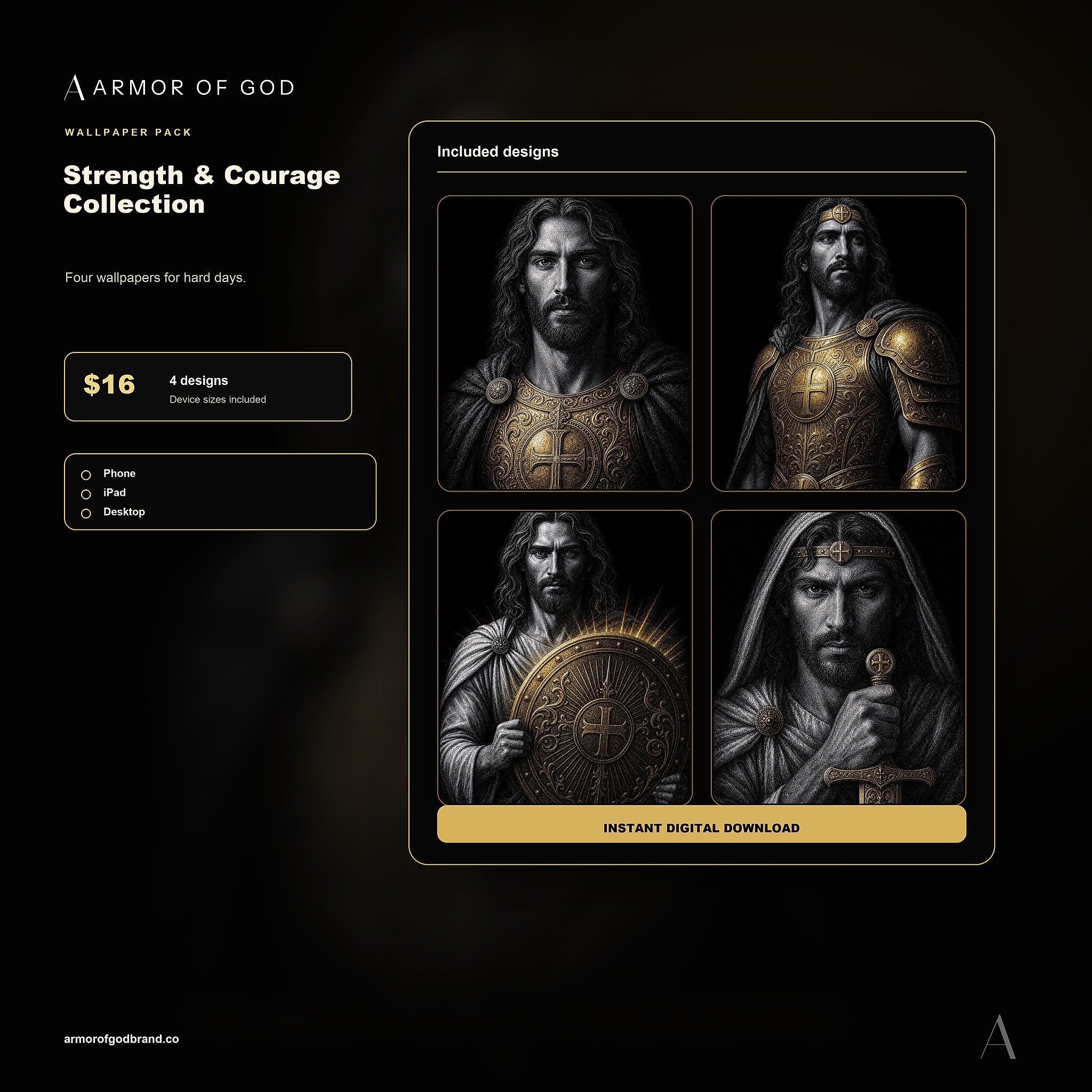 The Strength & Courage Collection Wallpaper Pack mockup showing included Armor of God wallpaper files