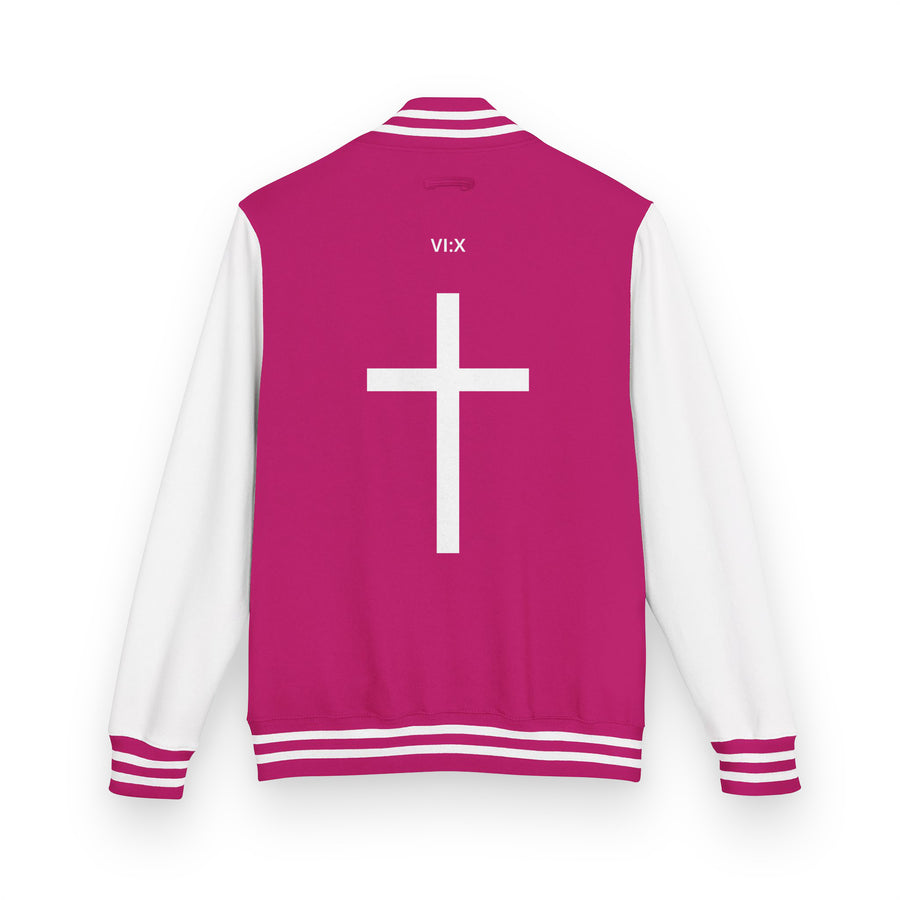 Armor of God Letterman Jacket in hot pink and white with back cross, back view